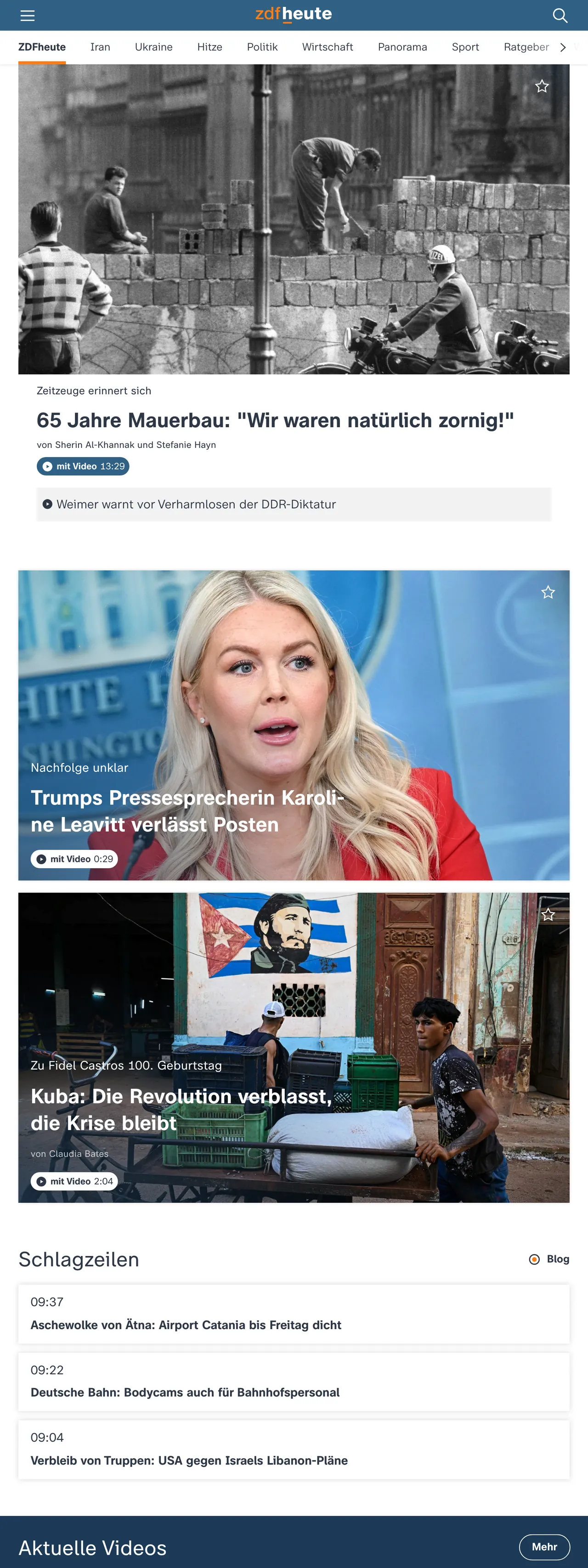 Screenshot of the ZDFheute front page