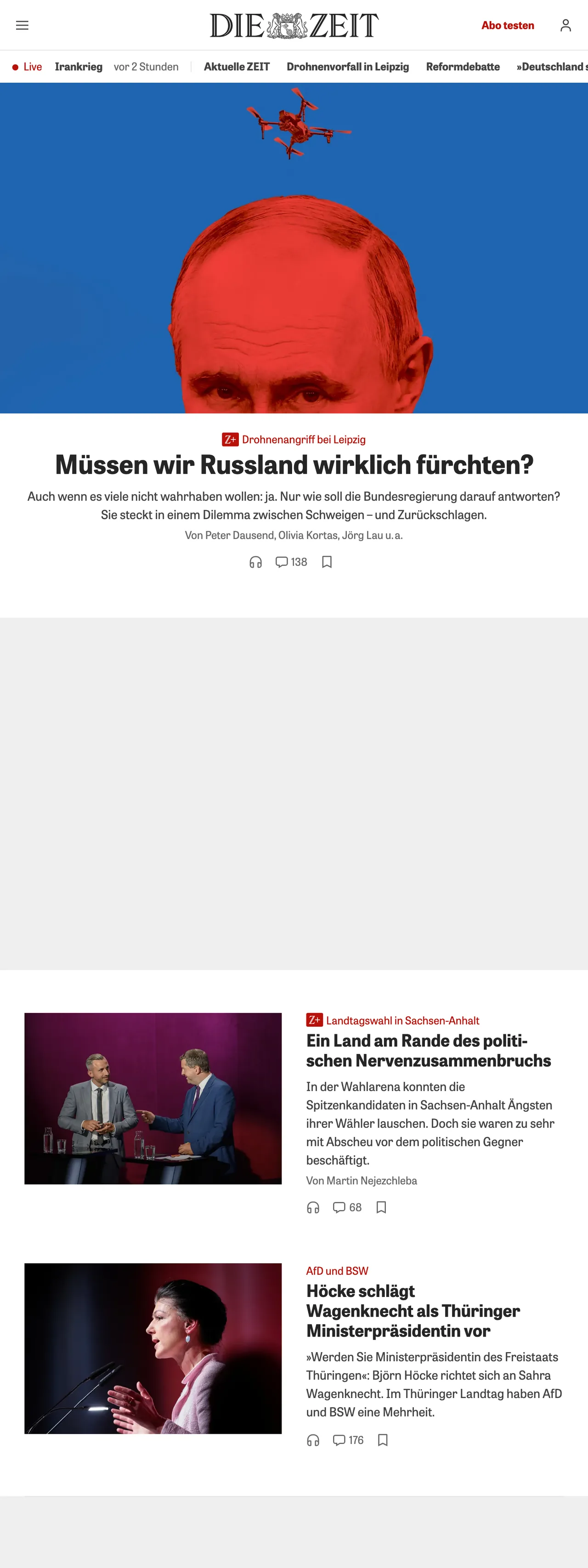 Screenshot of the ZEIT ONLINE front page