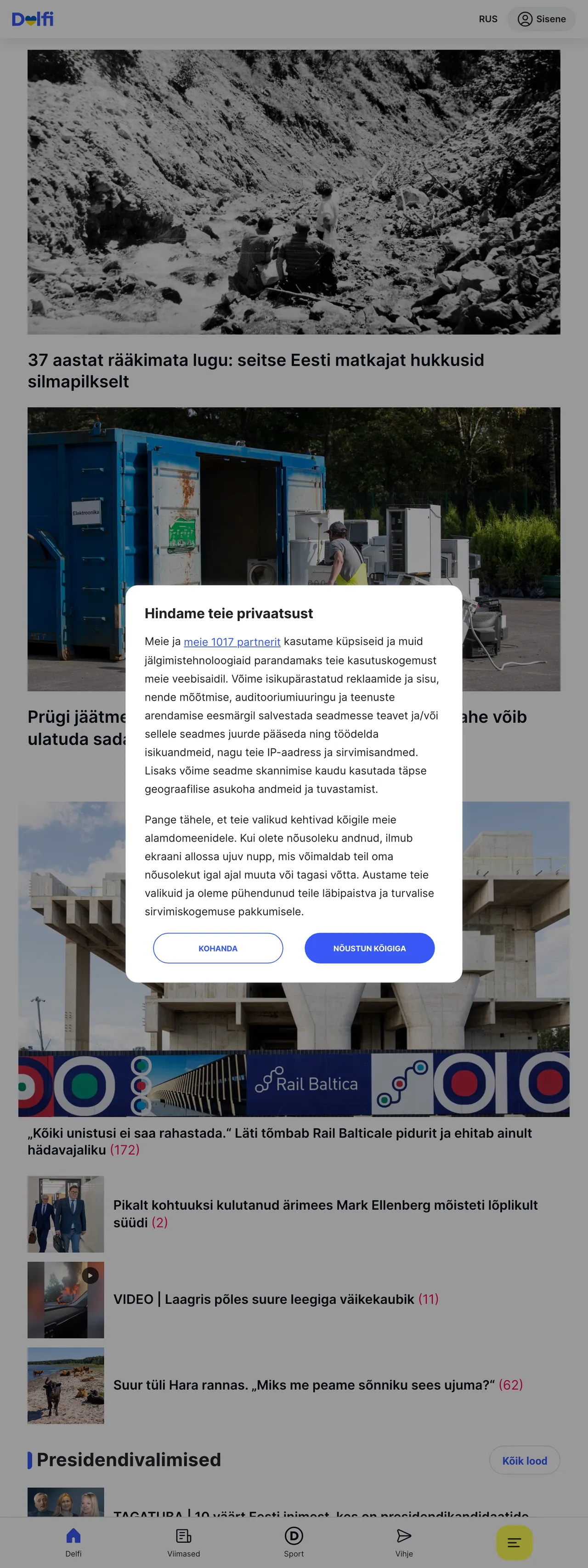 Screenshot of the Delfi front page