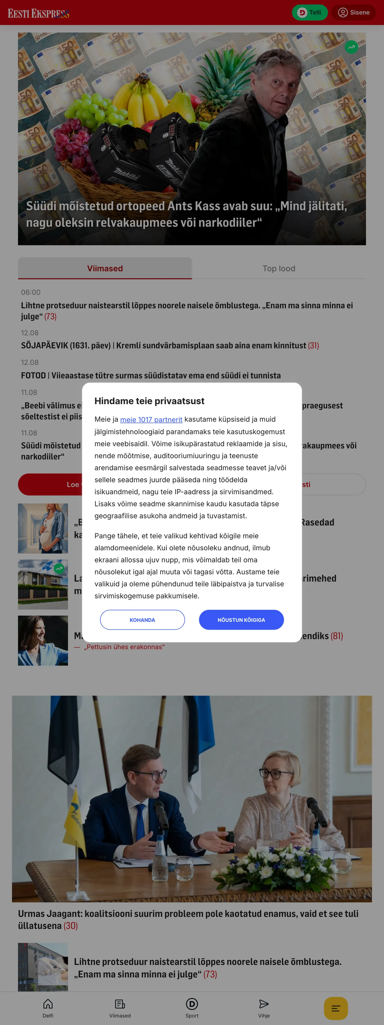 Screenshot of the Eesti Ekspress front page
