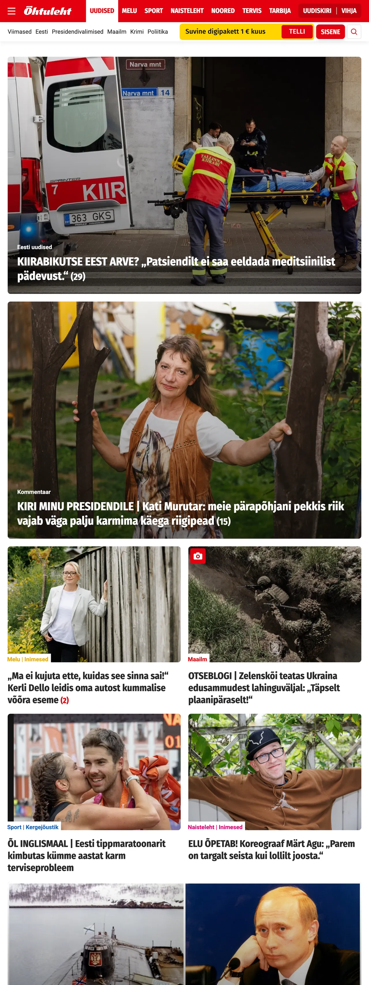 Screenshot of the Õhtuleht front page