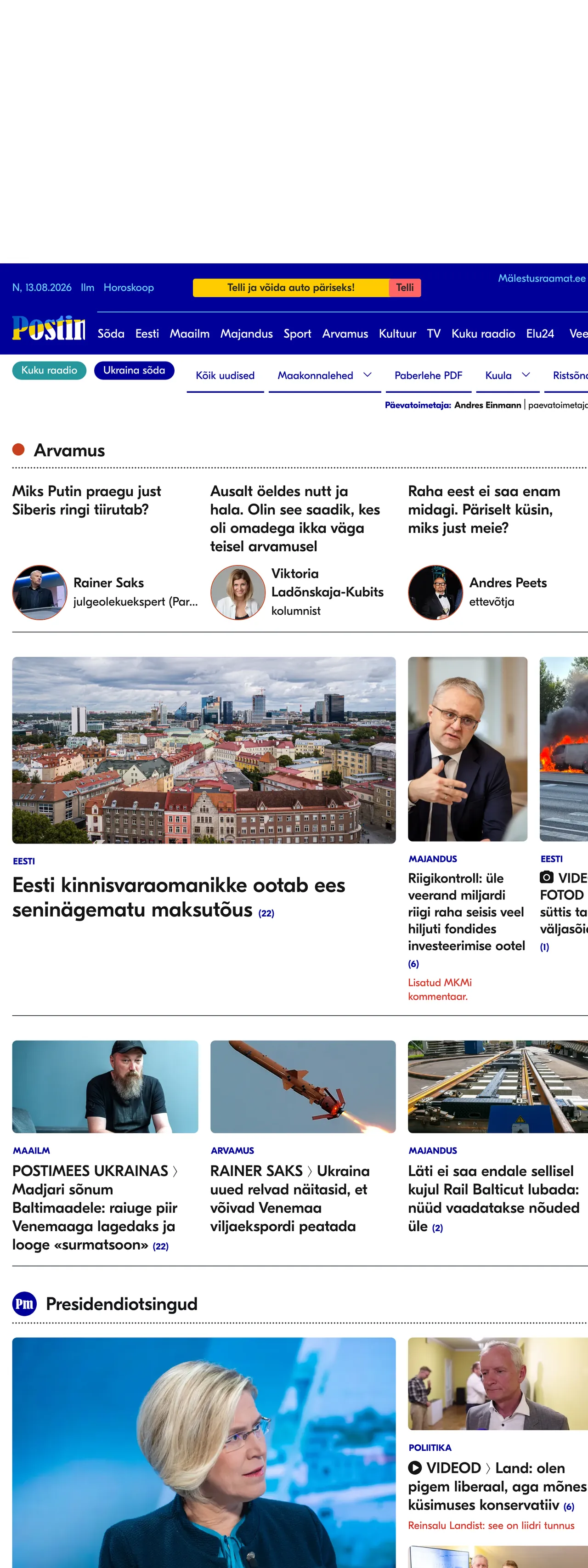 Screenshot of the Postimees front page