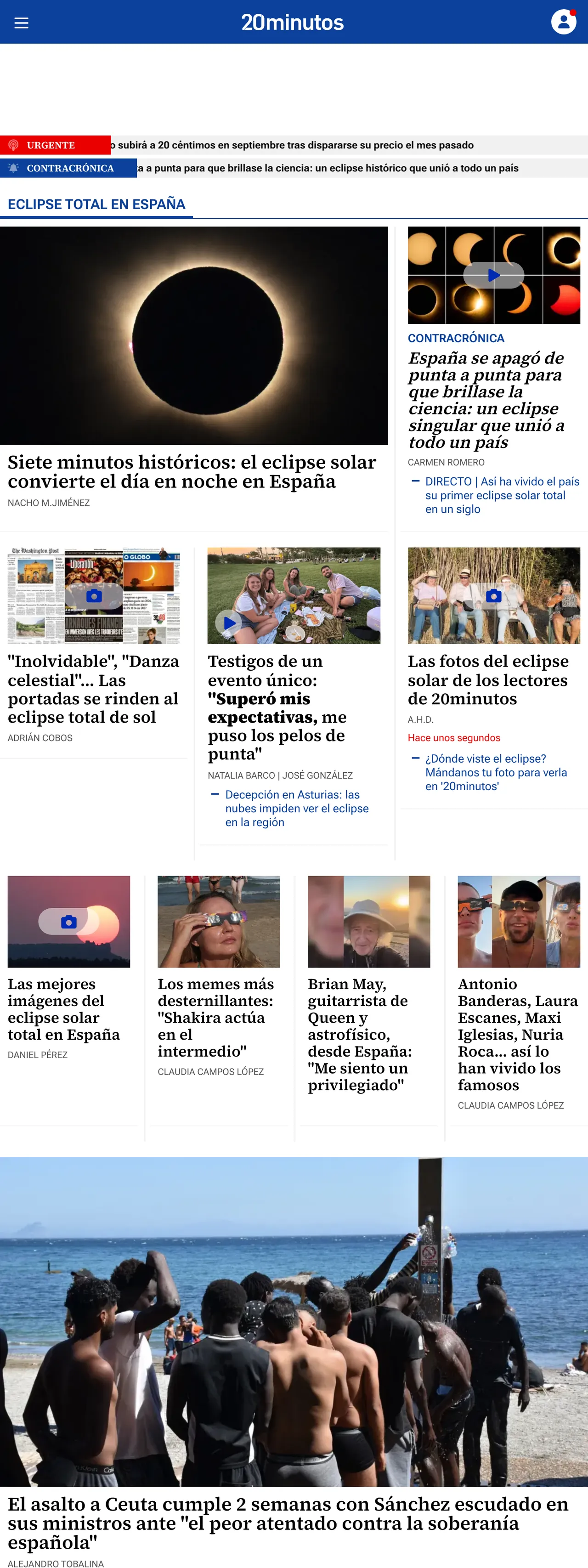 Screenshot of the 20minutos front page