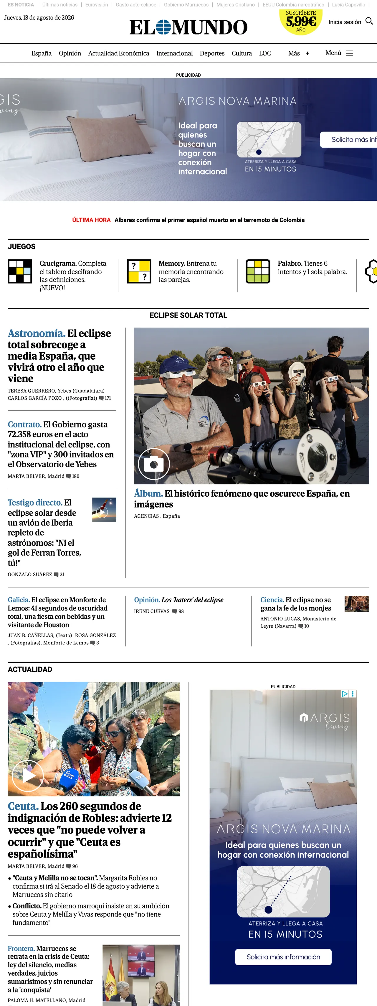 Screenshot of the El Mundo front page