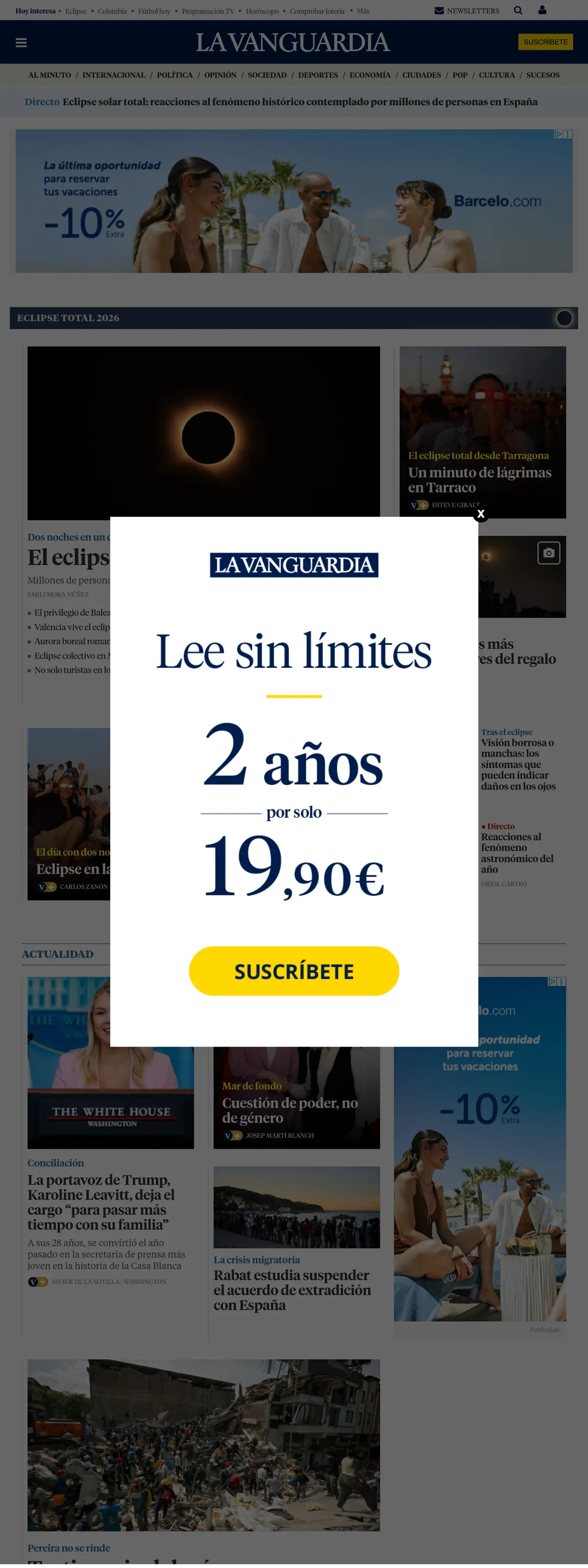 Screenshot of the La Vanguardia front page