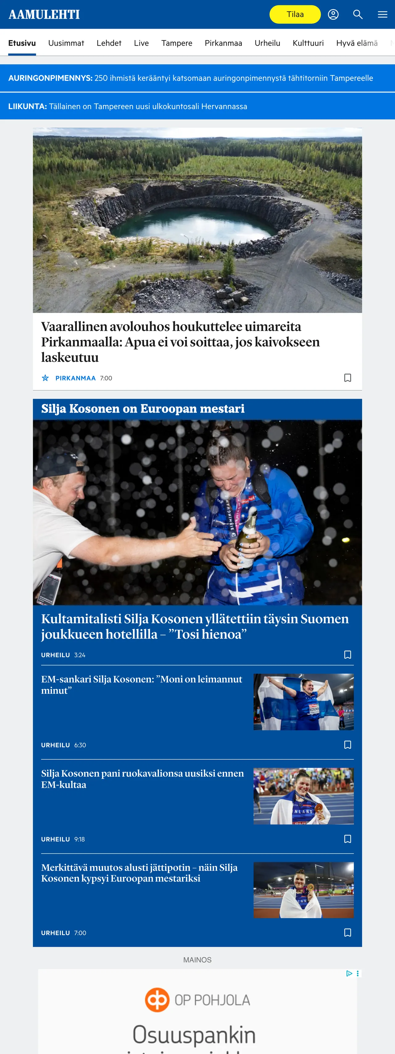 Screenshot of the Aamulehti front page