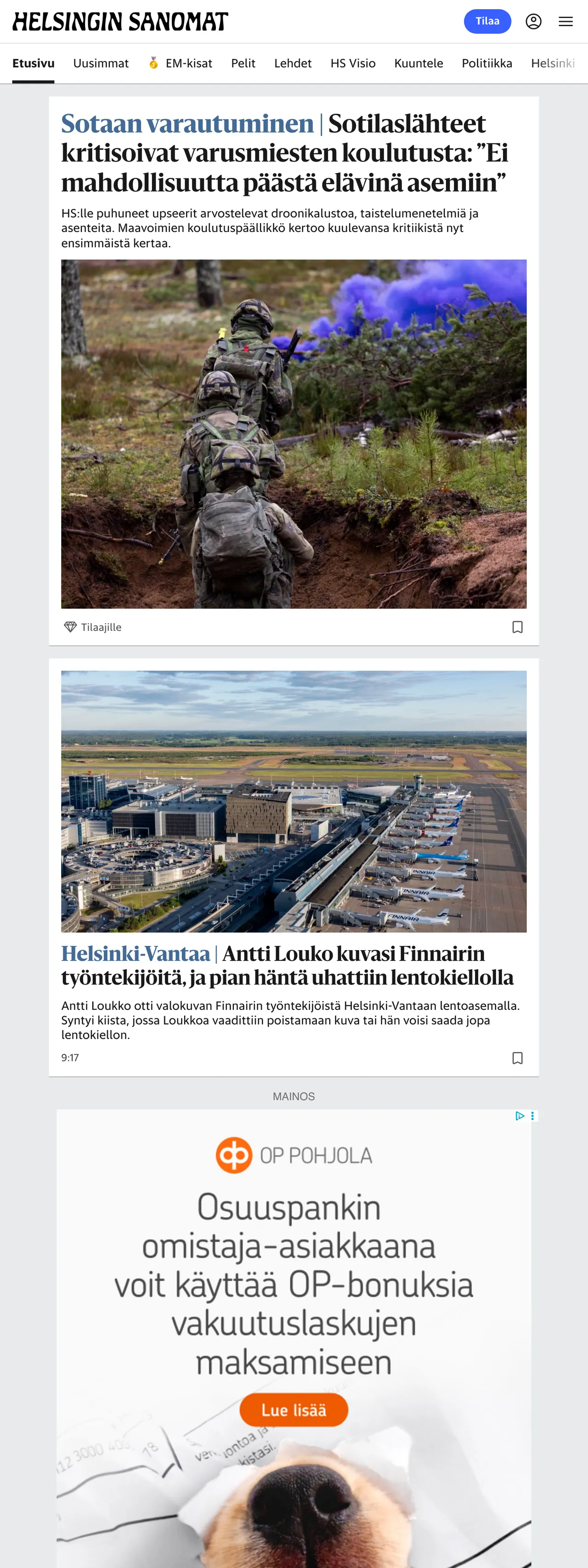 Screenshot of the Helsingin Sanomat front page