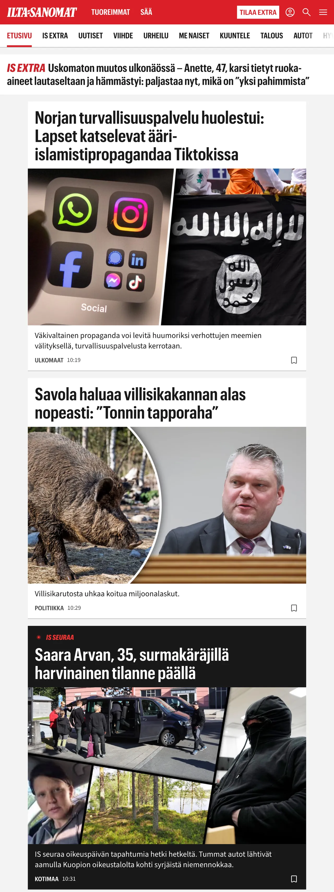 Screenshot of the Ilta-Sanomat front page