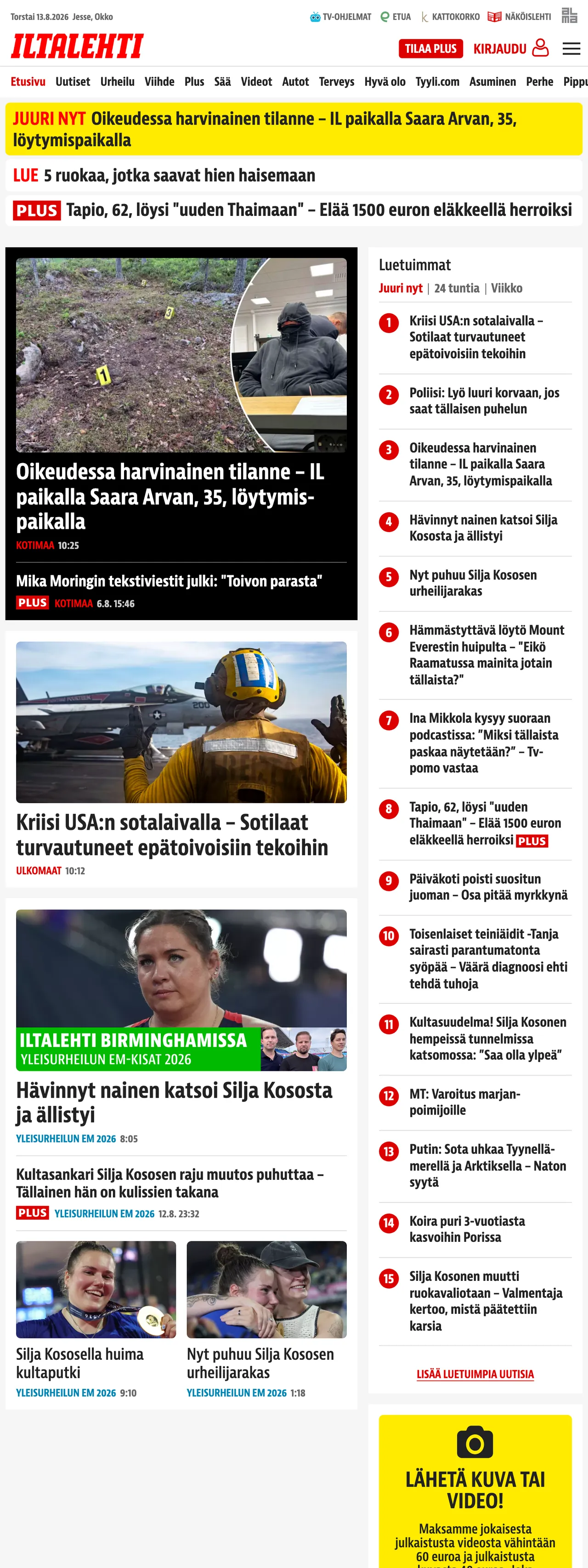 Screenshot of the Iltalehti front page