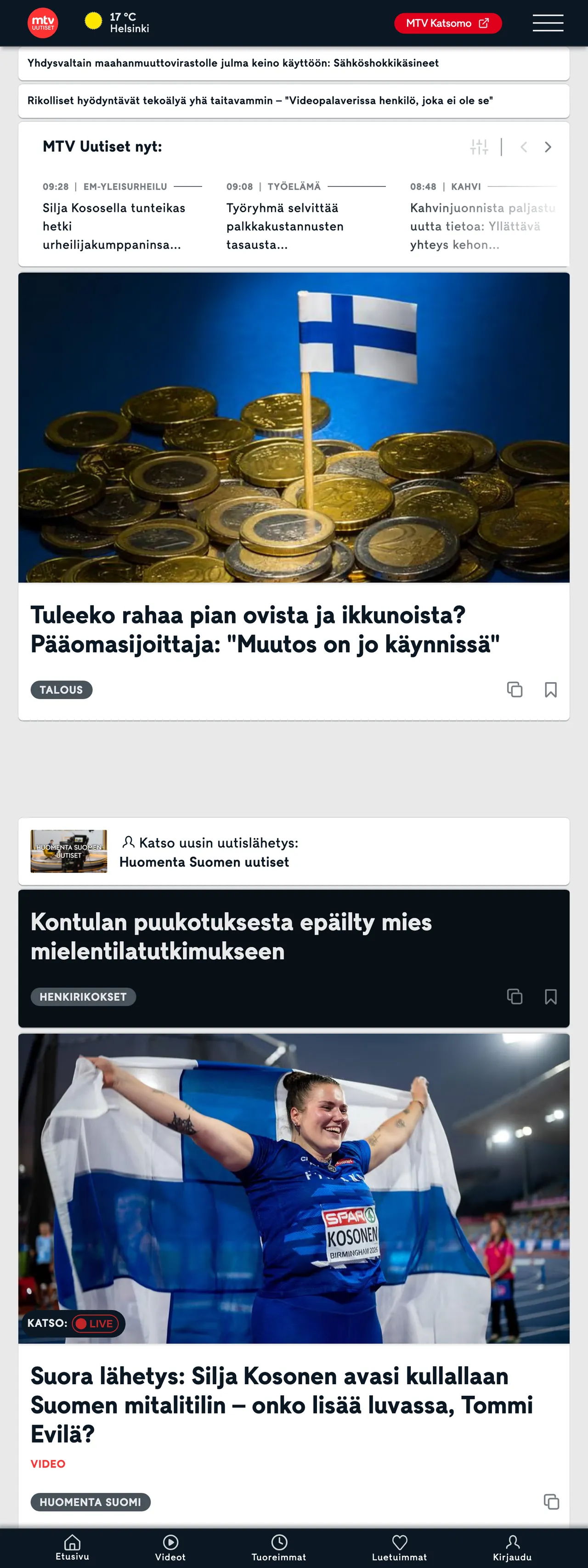 Screenshot of the MTV Uutiset front page