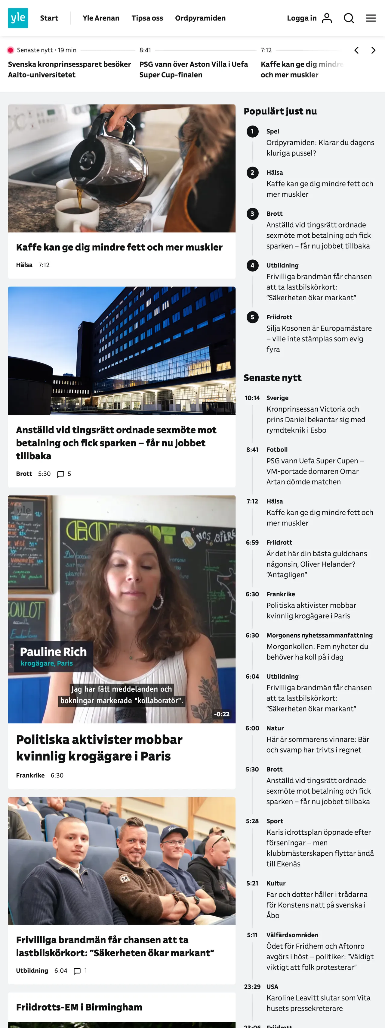 Screenshot of the Svenska Yle front page