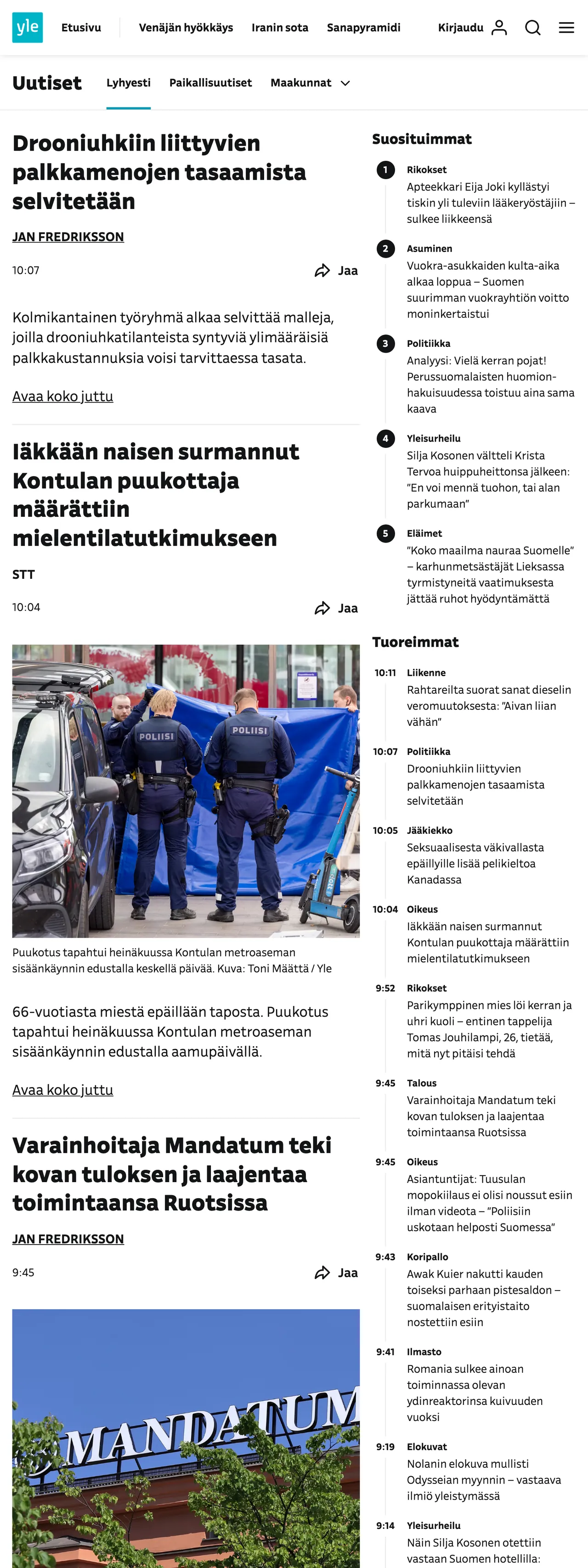 Screenshot of the Yle front page