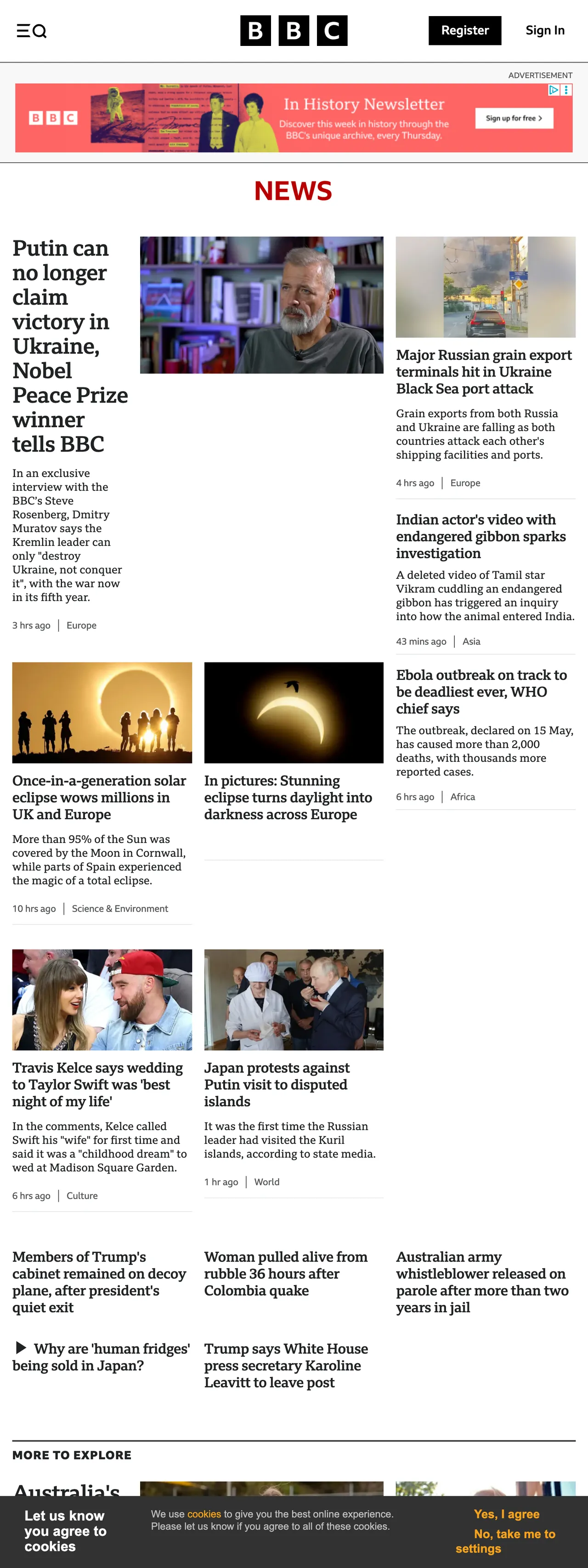 Screenshot of the BBC News front page
