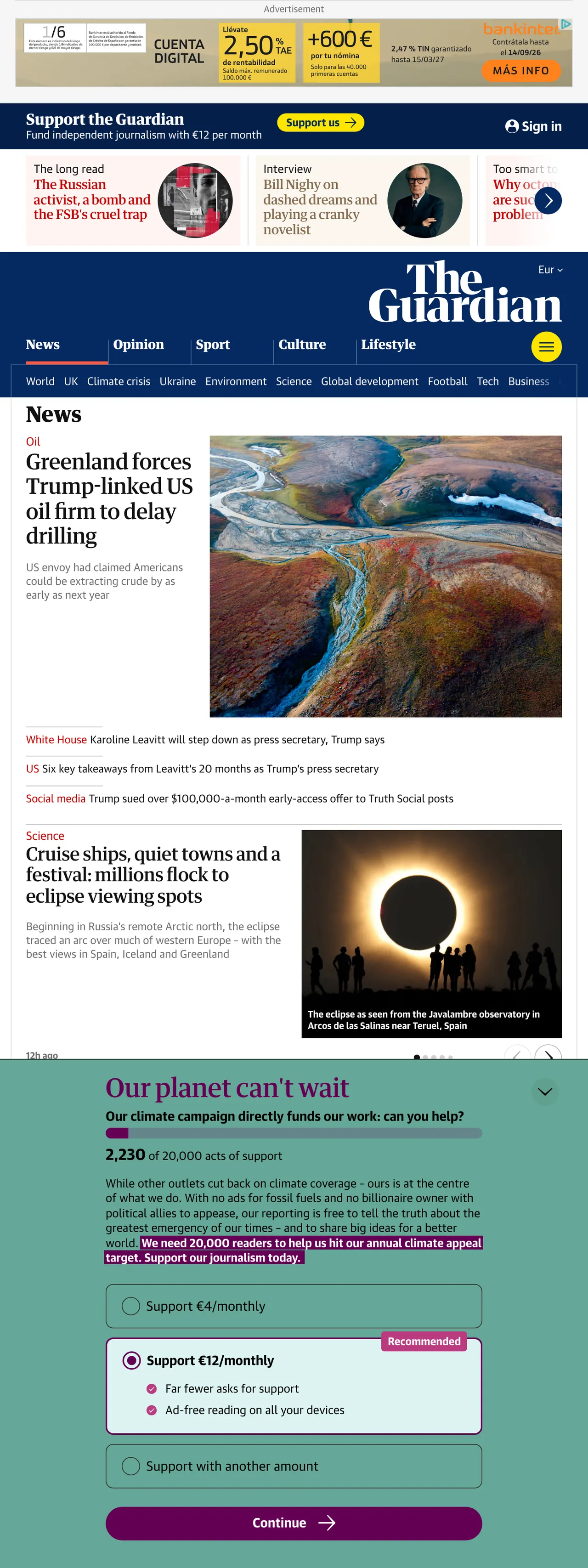 Screenshot of the The Guardian front page