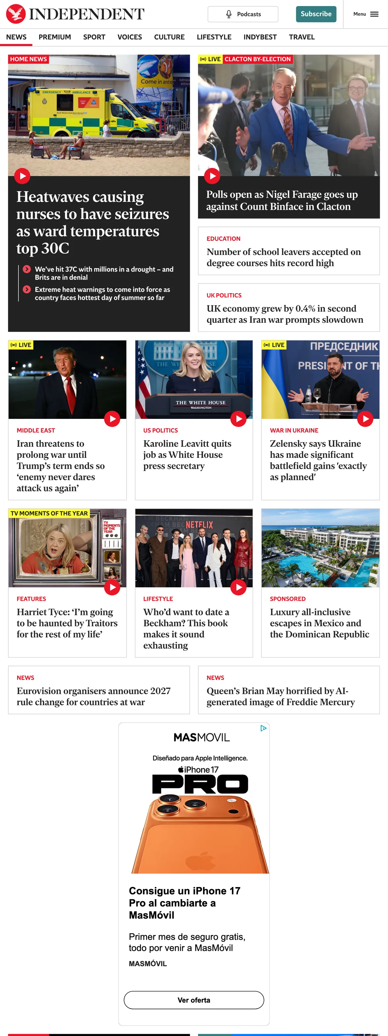Screenshot of the The Independent front page