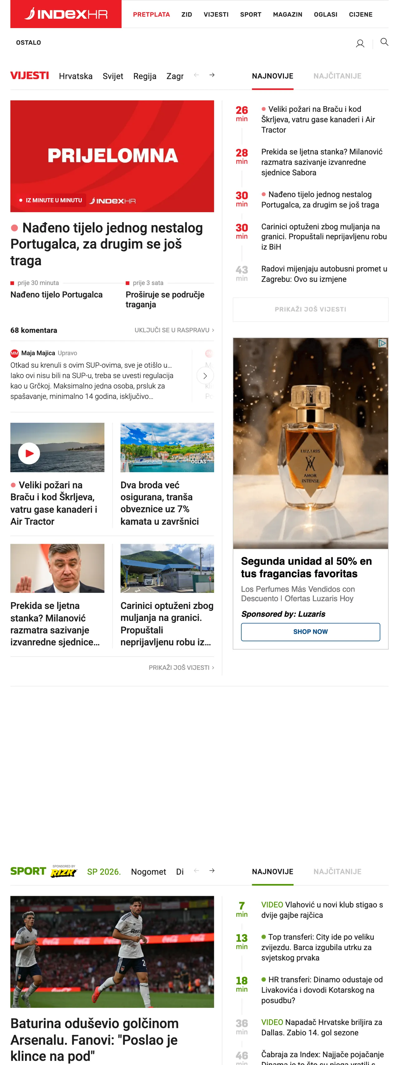 Screenshot of the Index.hr front page