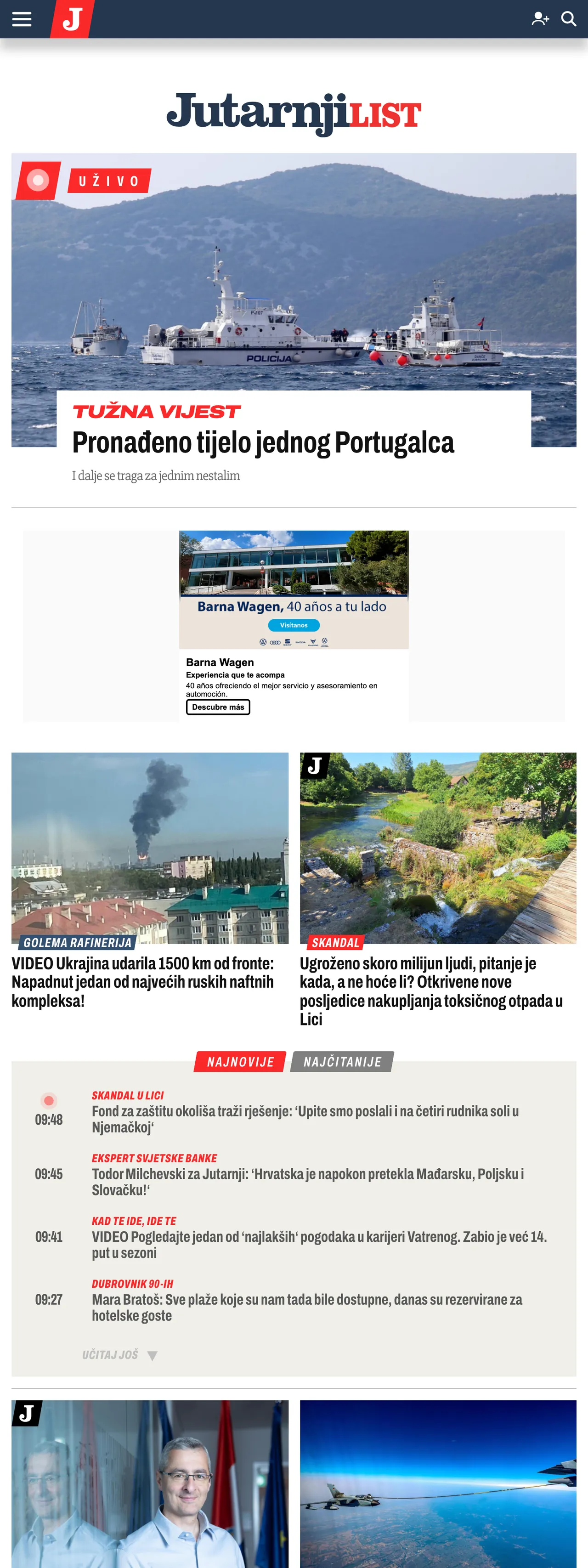 Screenshot of the Jutarnji list front page