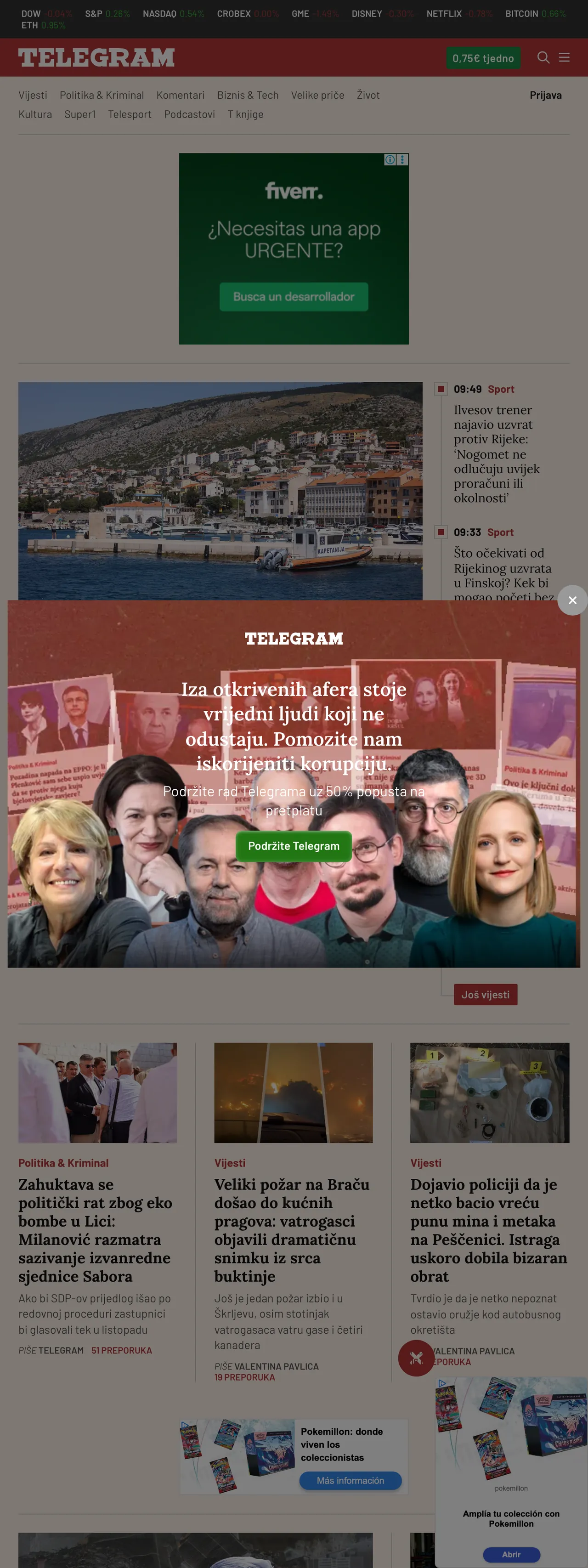 Screenshot of the Telegram.hr front page