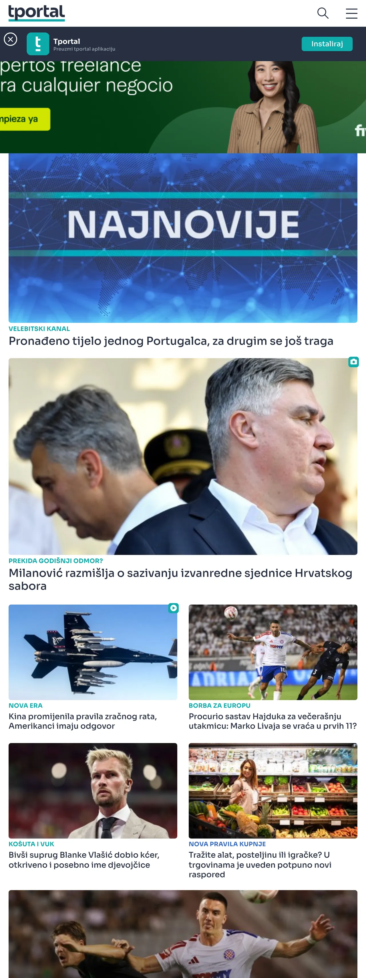 Screenshot of the tportal front page
