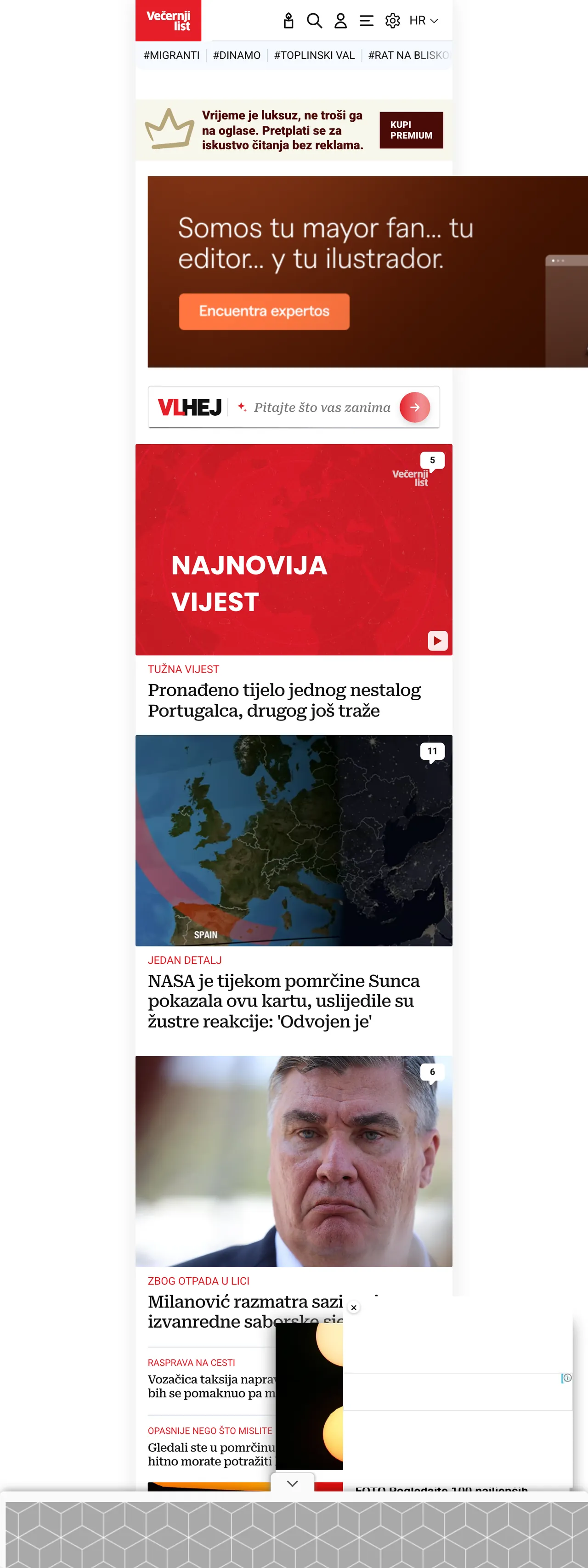 Screenshot of the Večernji list front page