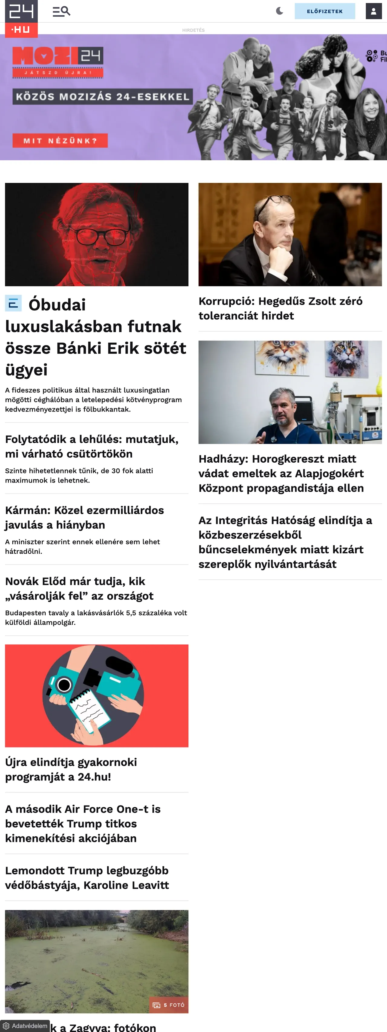 Screenshot of the 24.hu front page