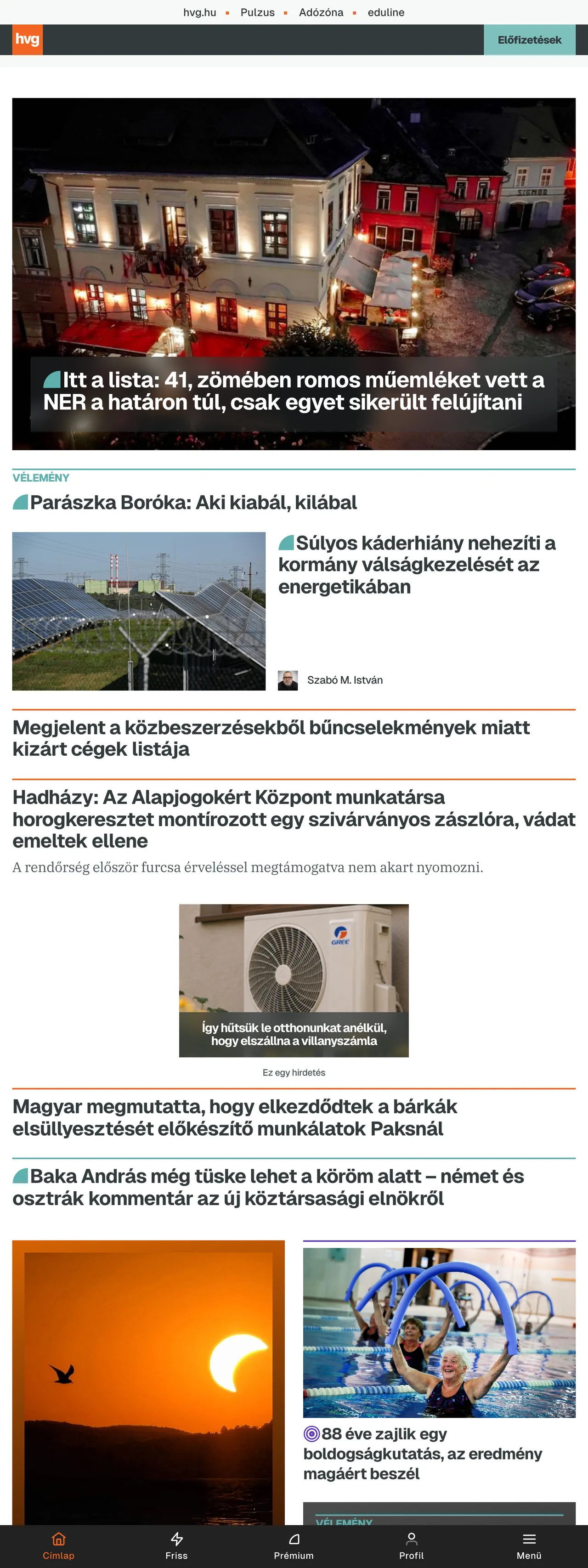 Screenshot of the HVG front page