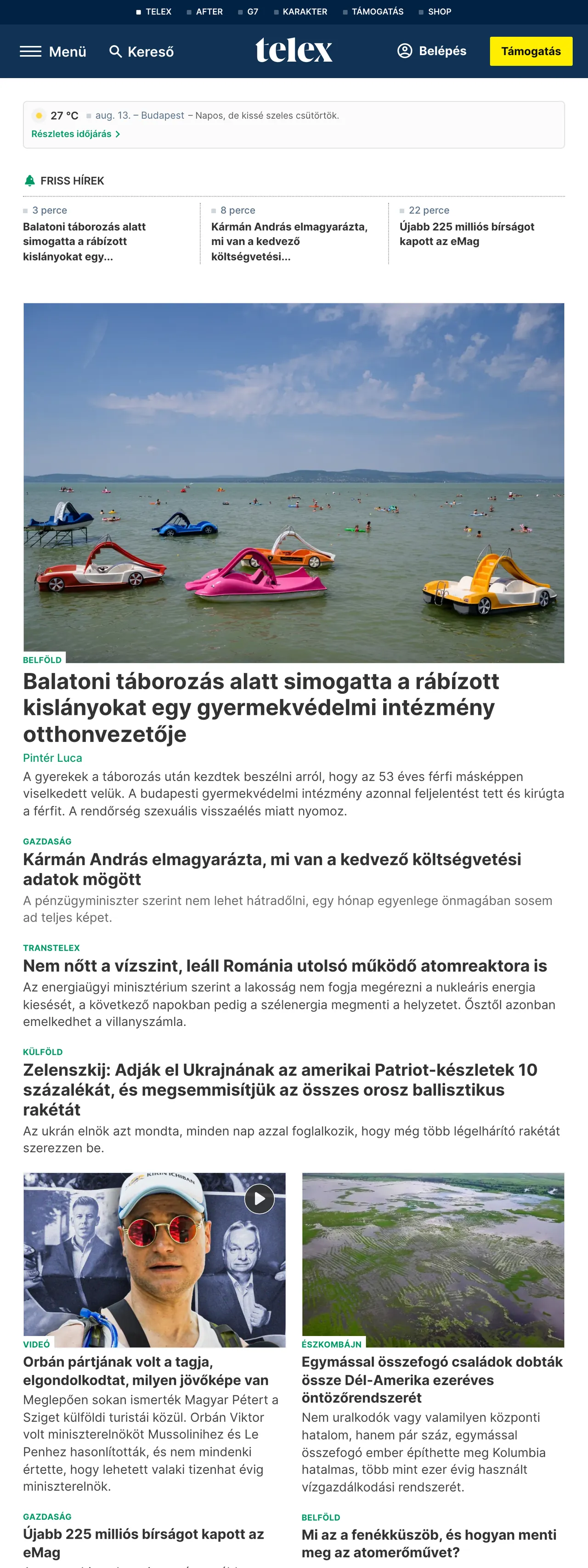 Screenshot of the Telex front page