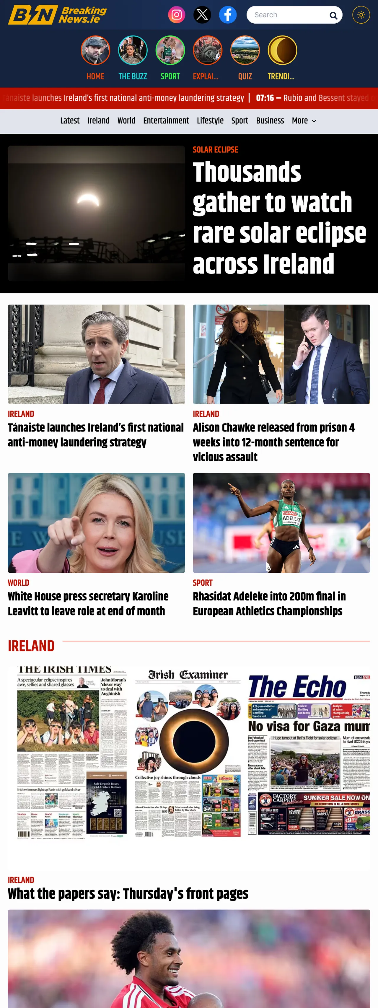 Screenshot of the BreakingNews.ie front page
