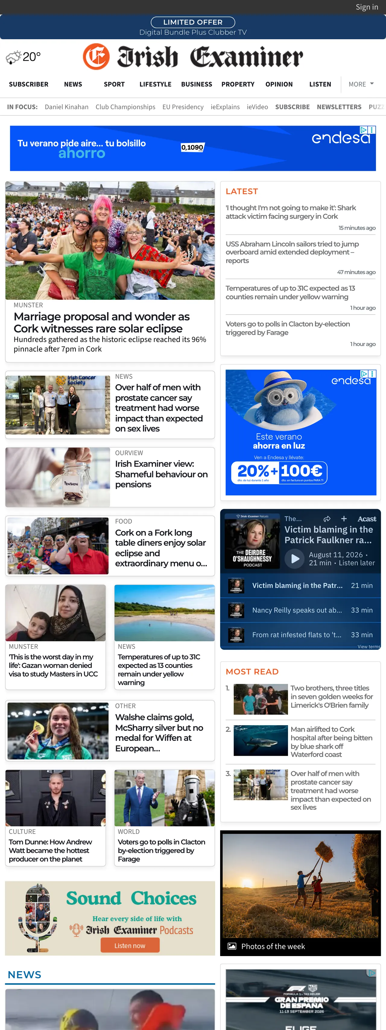 Screenshot of the Irish Examiner front page