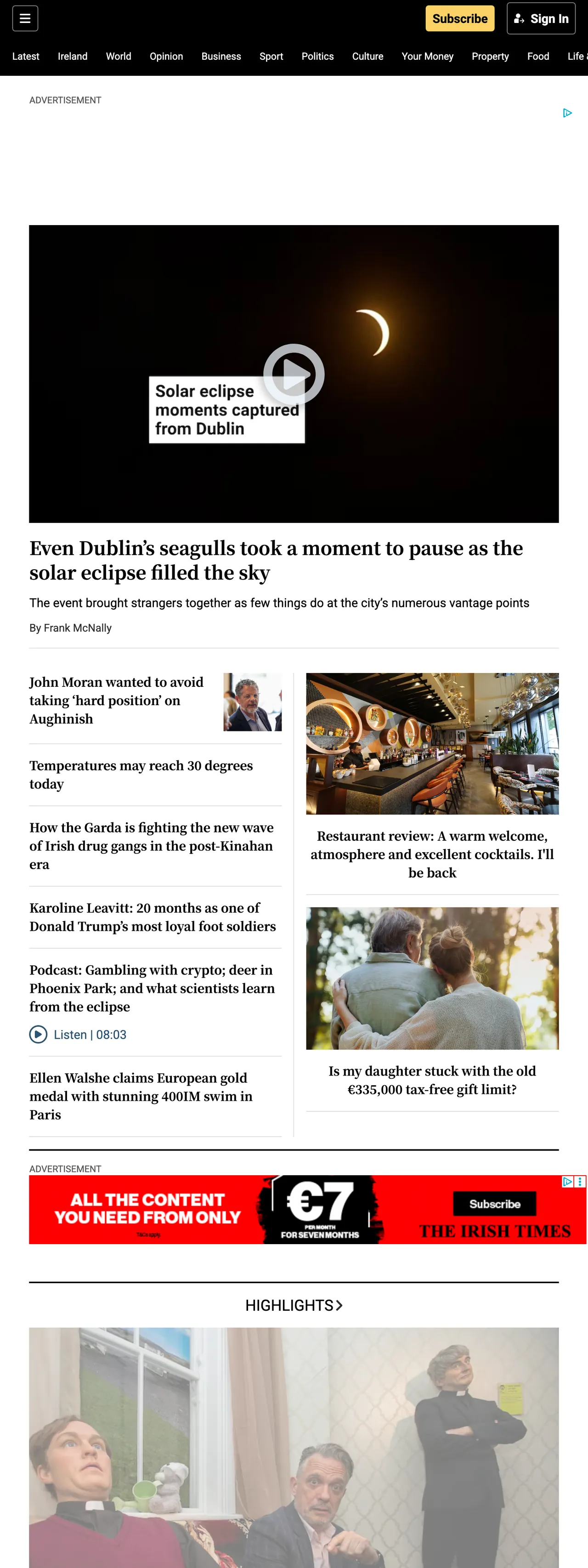 Screenshot of the The Irish Times front page