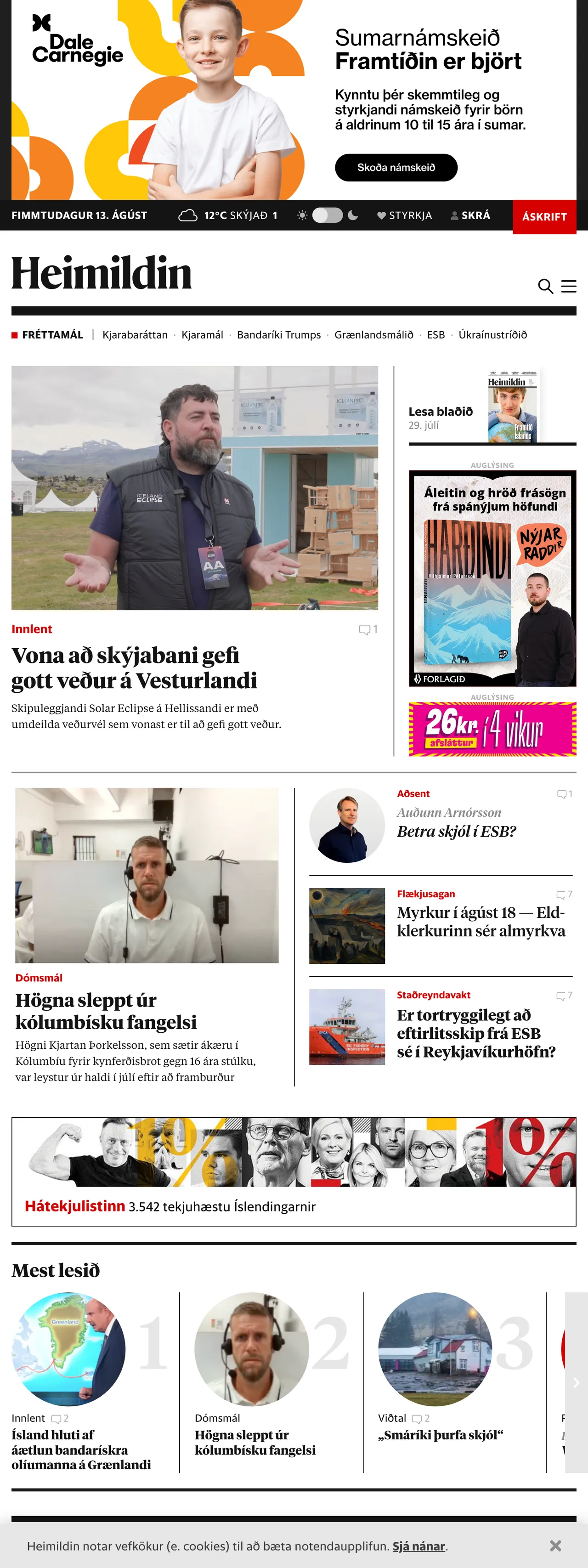 Screenshot of the Heimildin front page