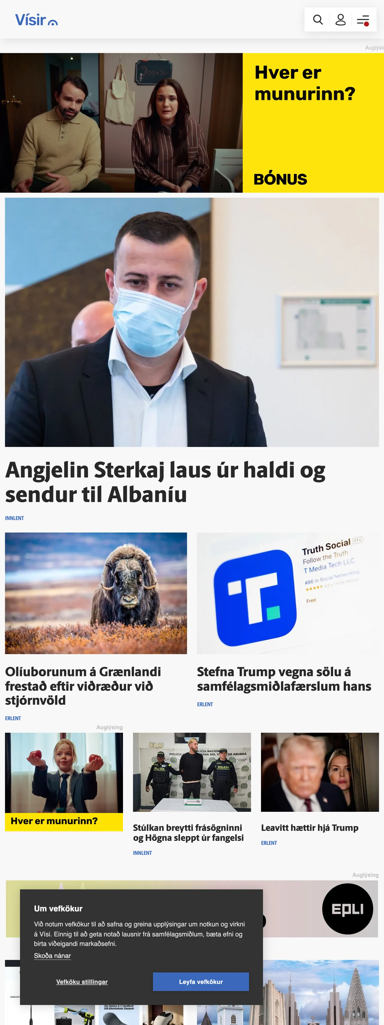 Screenshot of the Vísir front page