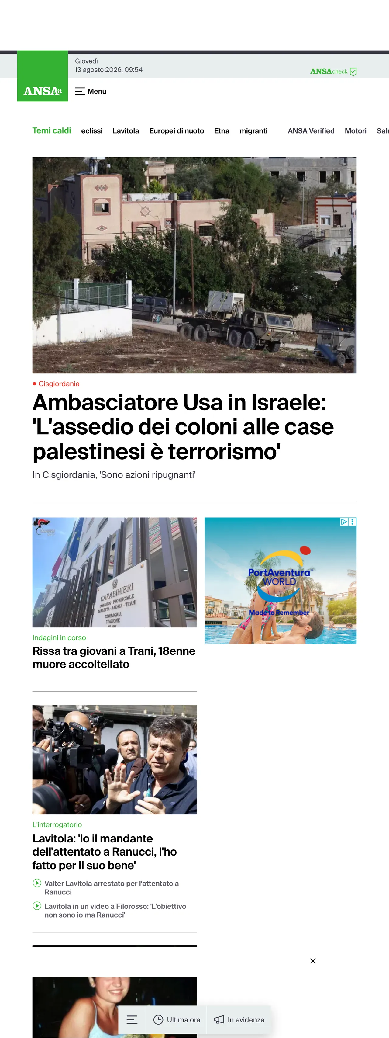 Screenshot of the ANSA front page
