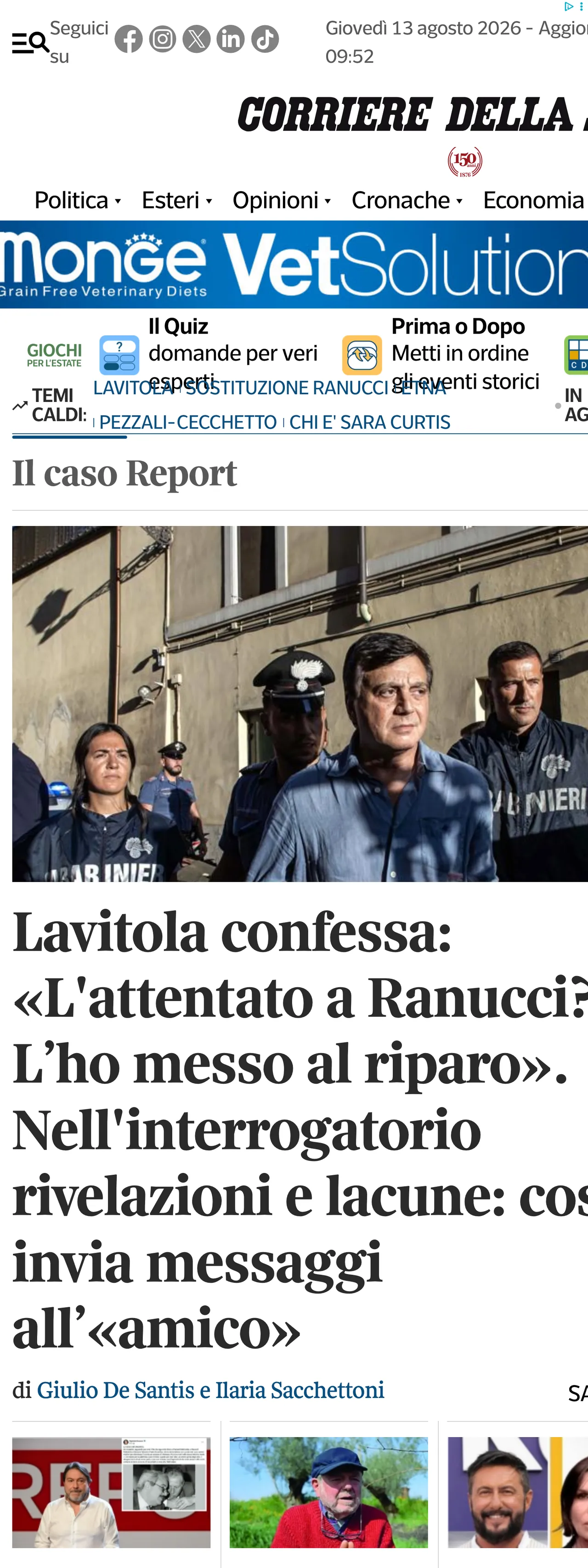 Screenshot of the Corriere della Sera front page