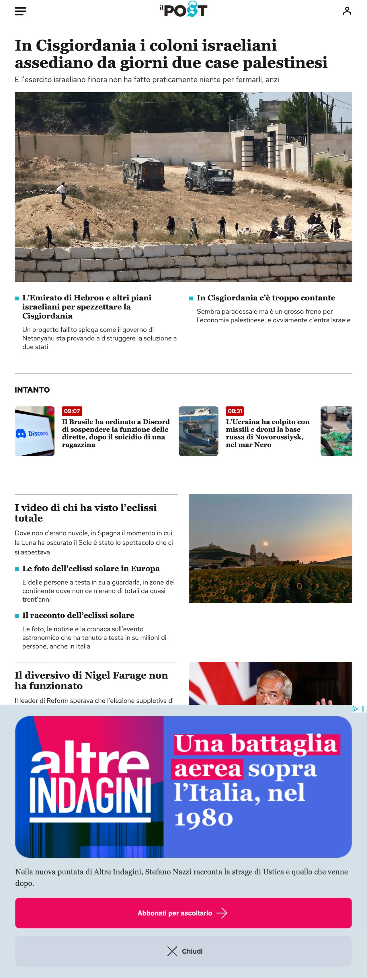 Screenshot of the Il Post front page