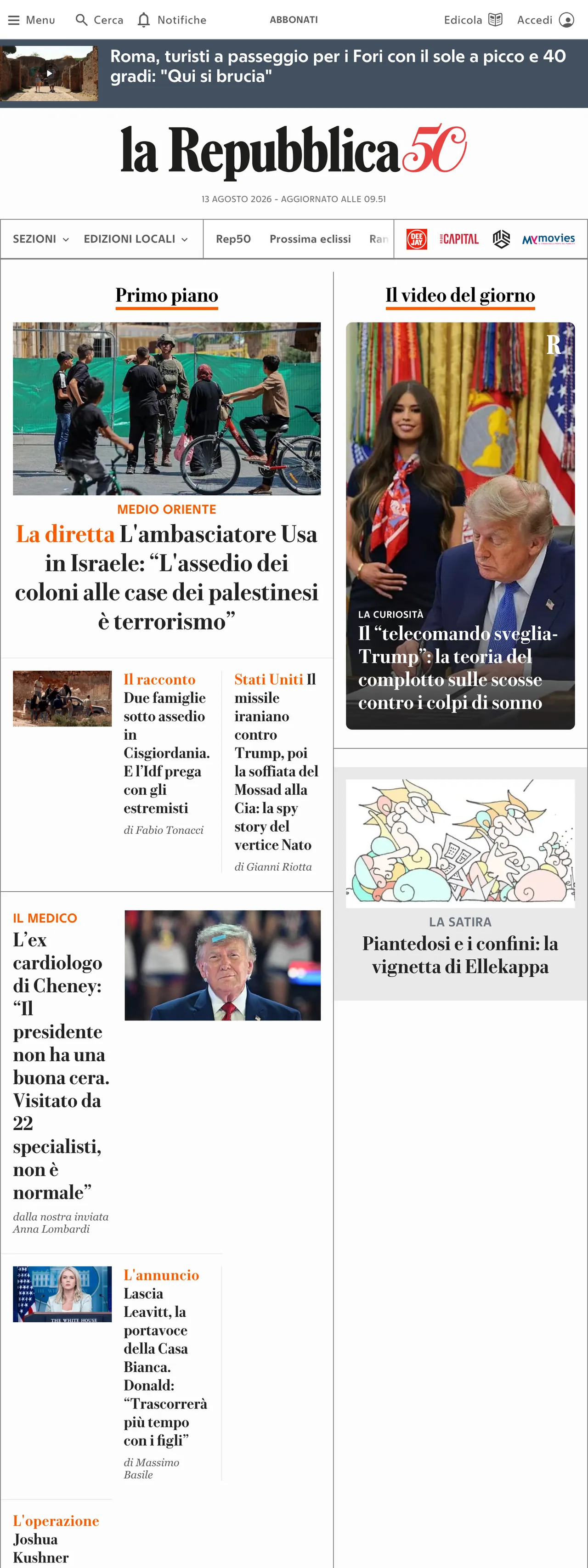 Screenshot of the la Repubblica front page
