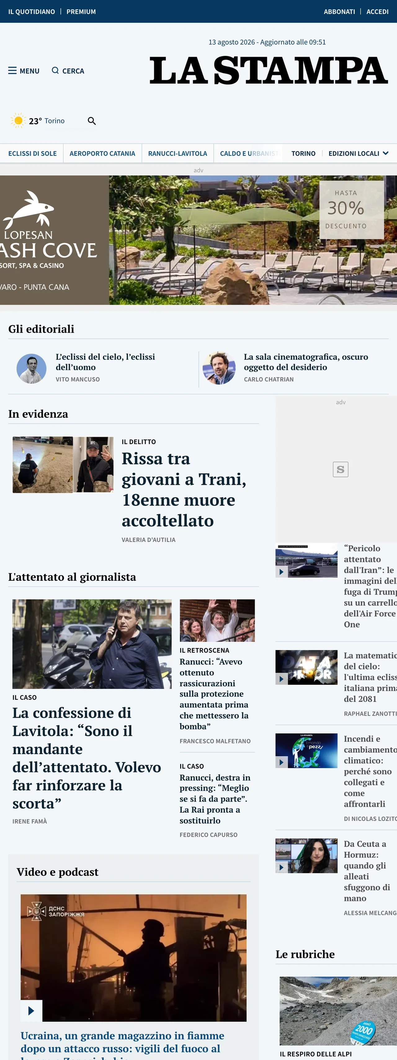 Screenshot of the La Stampa front page
