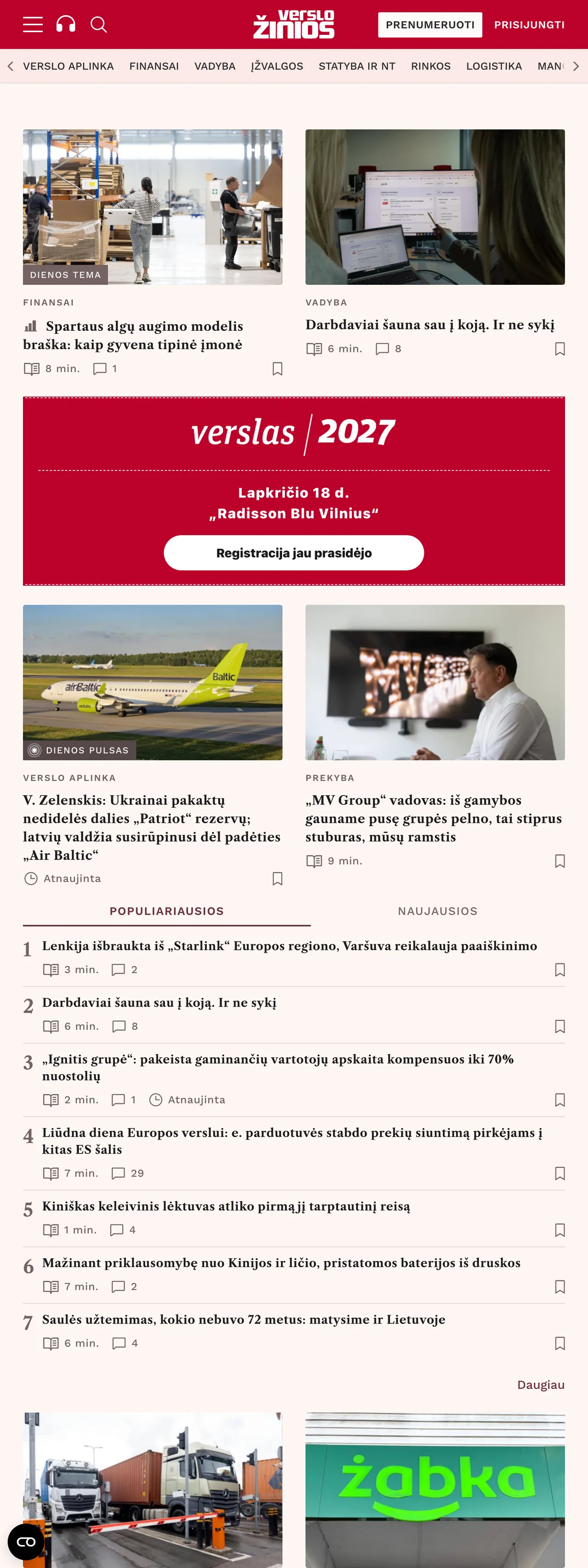 Screenshot of the Verslo žinios front page