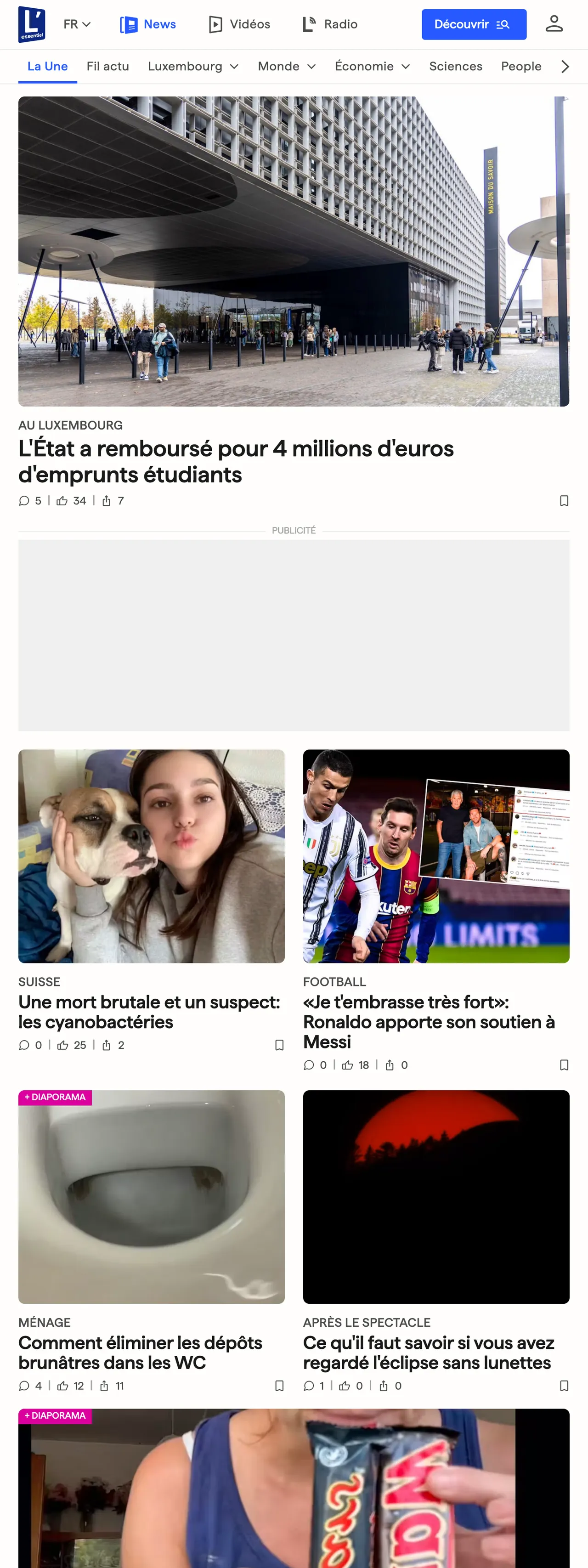 Screenshot of the L'essentiel front page