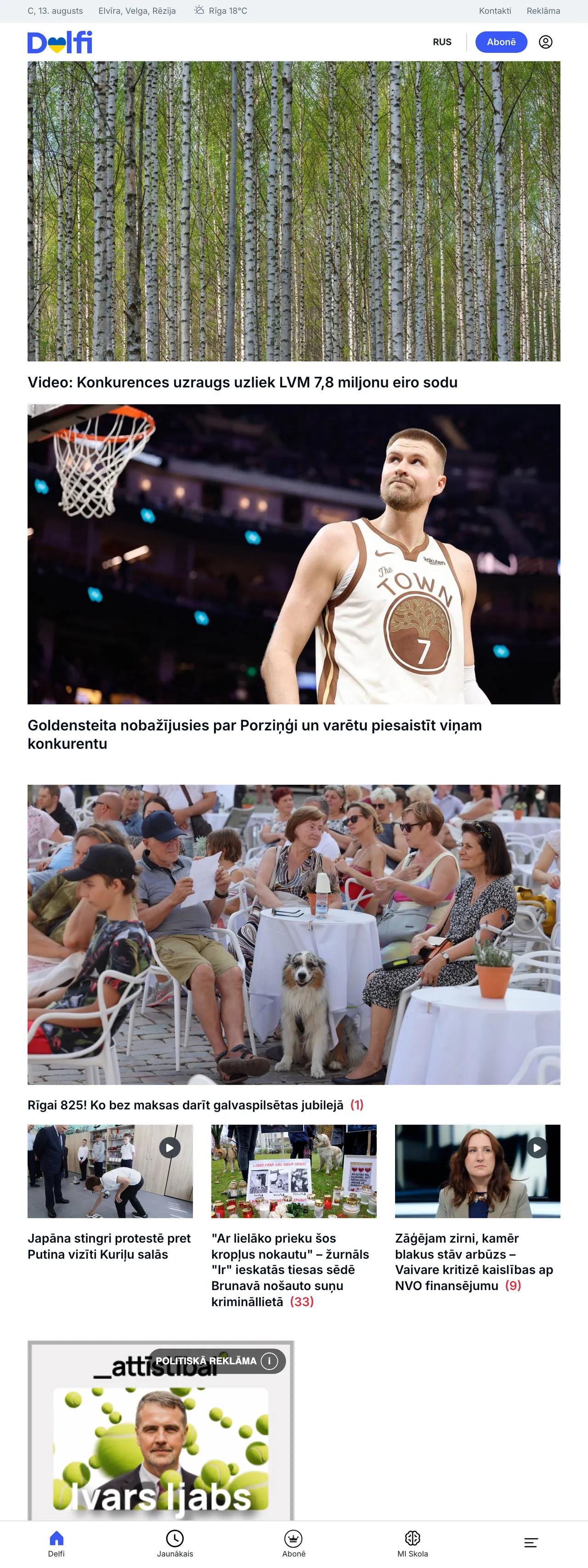 Screenshot of the Delfi front page