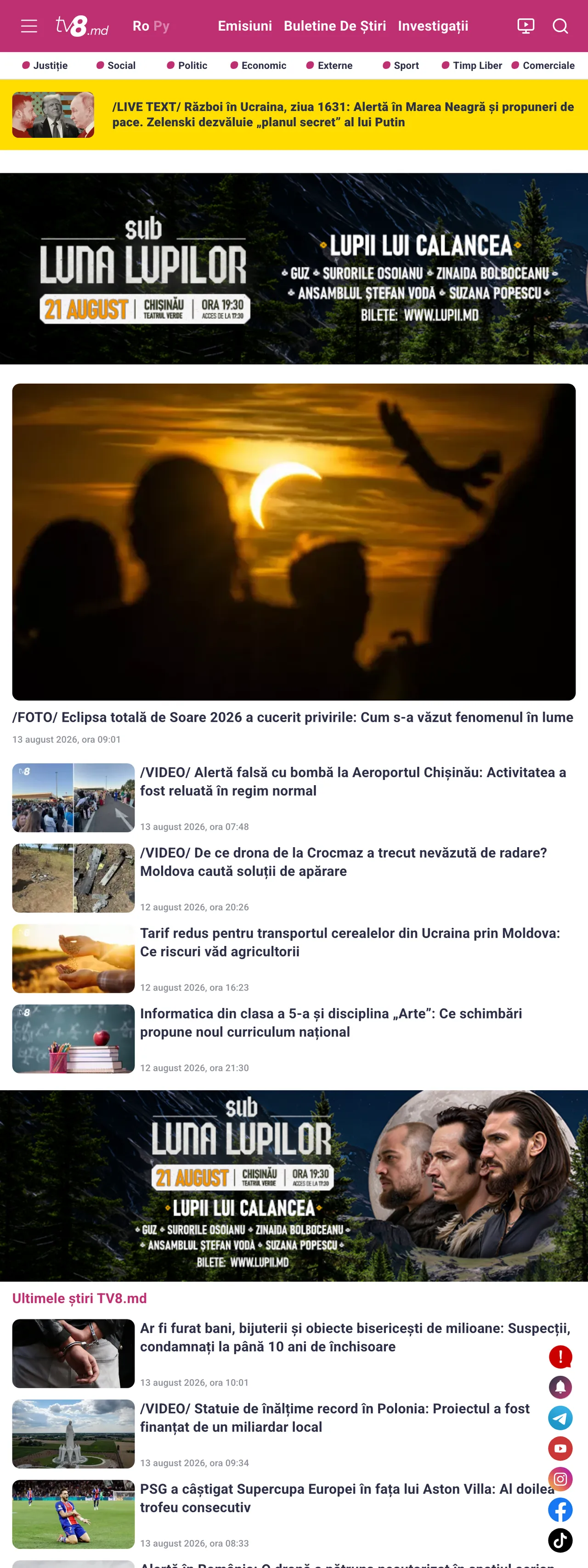 Screenshot of the TV8 front page