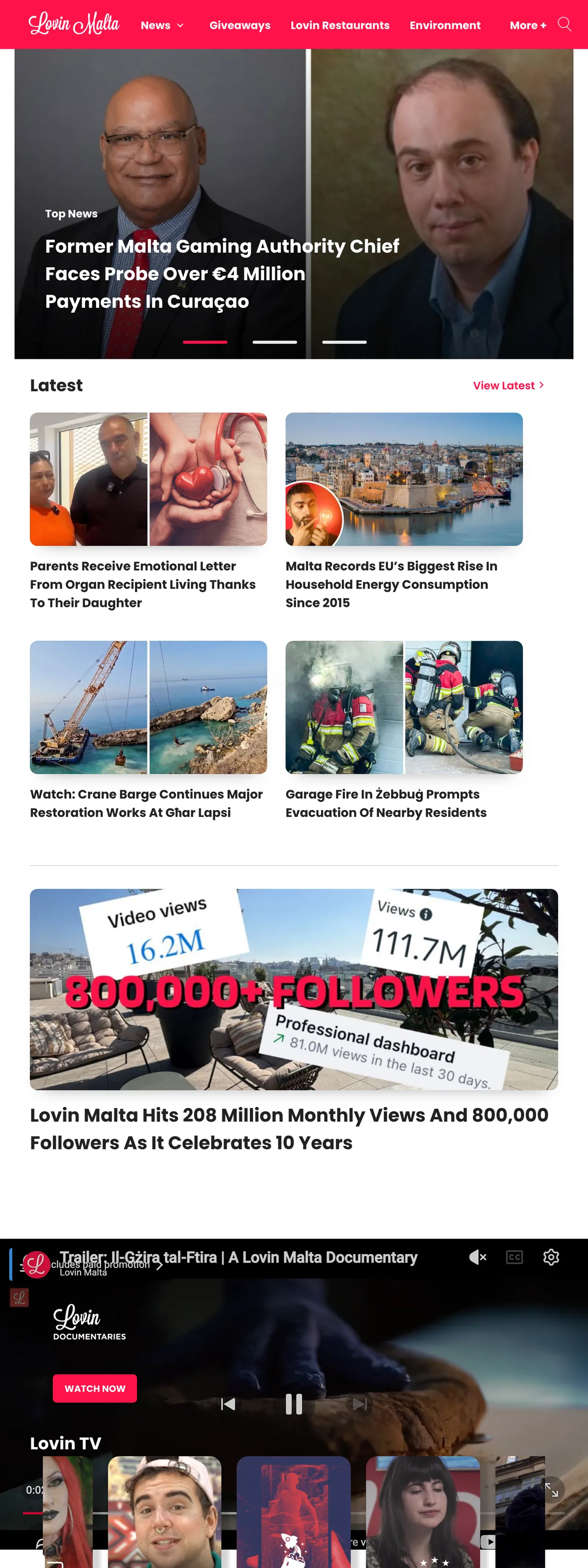Screenshot of the Lovin Malta front page