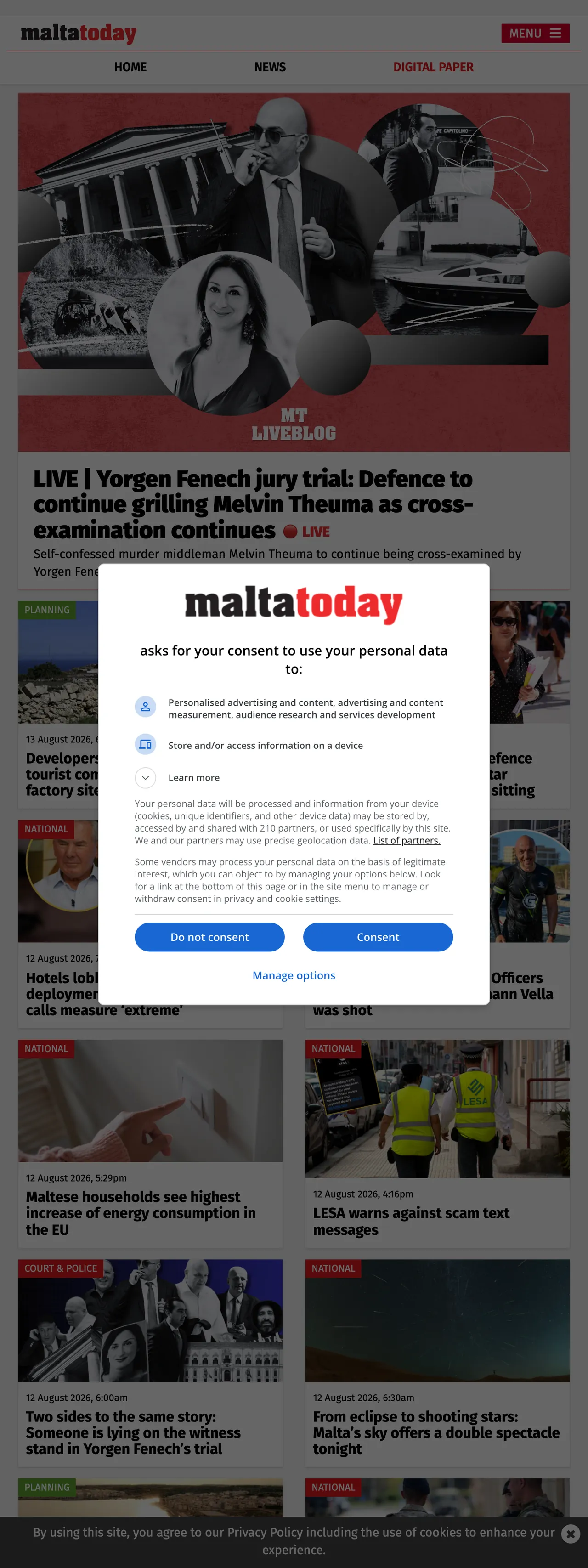 Screenshot of the Malta Today front page