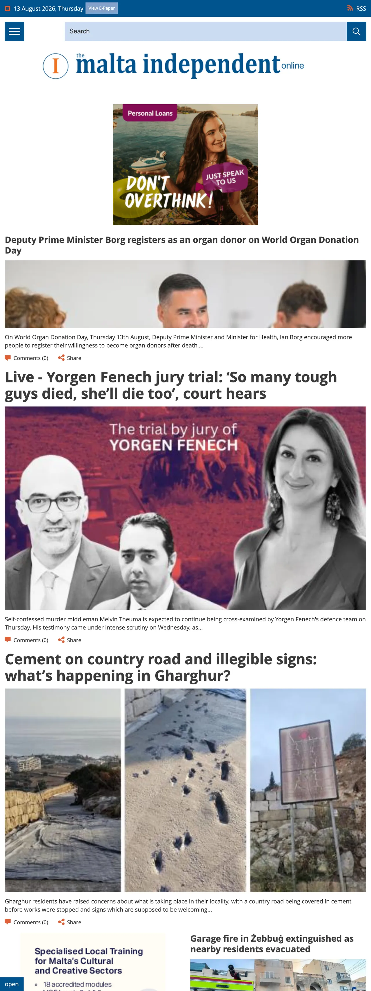 Screenshot of the The Malta Independent front page