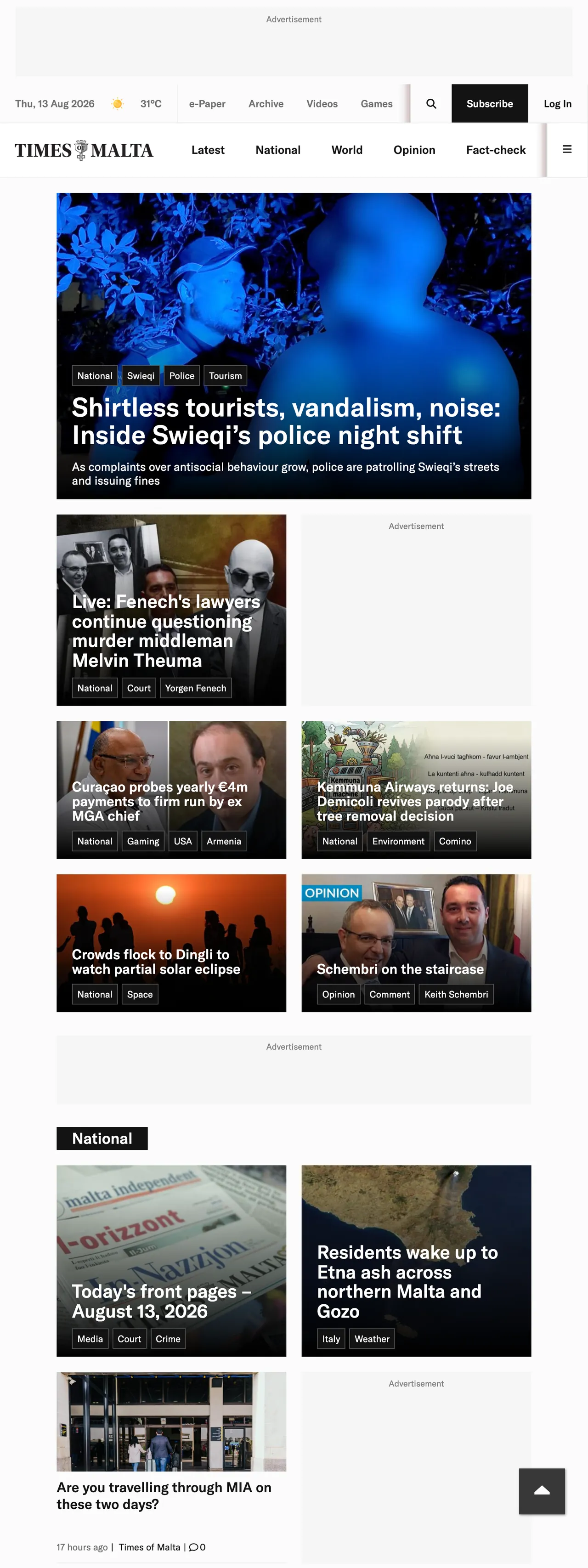 Screenshot of the Times of Malta front page