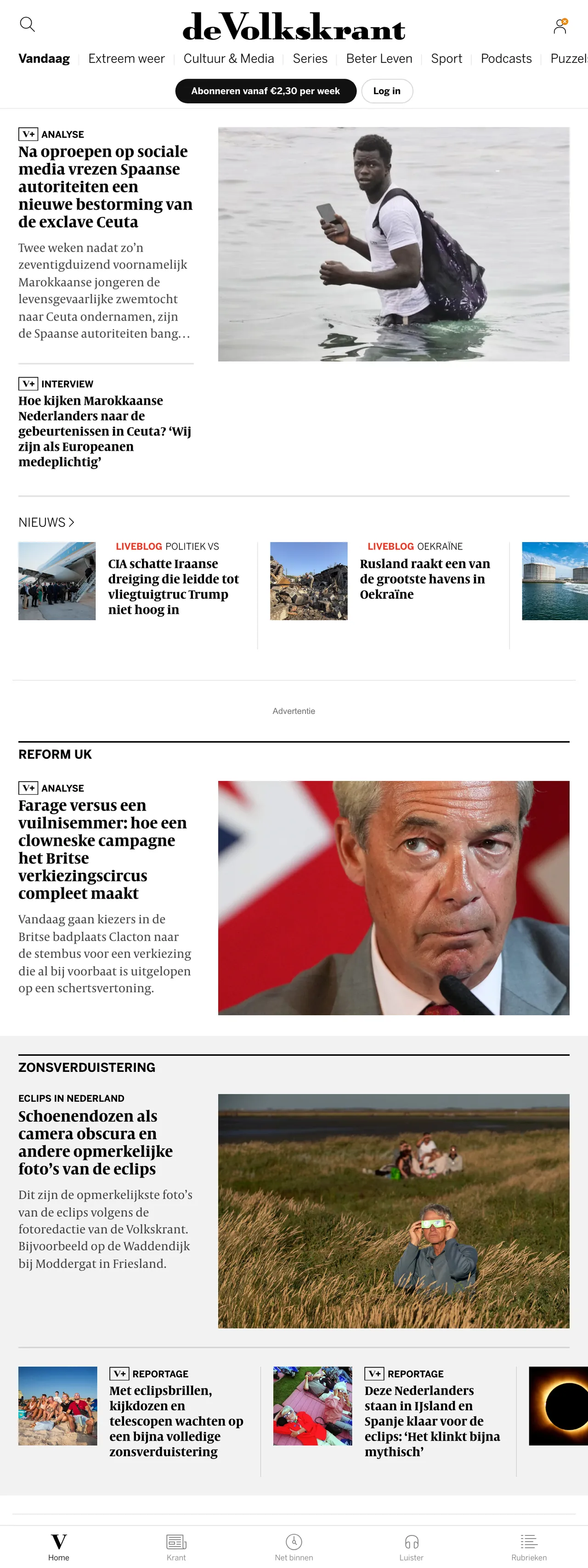 Screenshot of the de Volkskrant front page