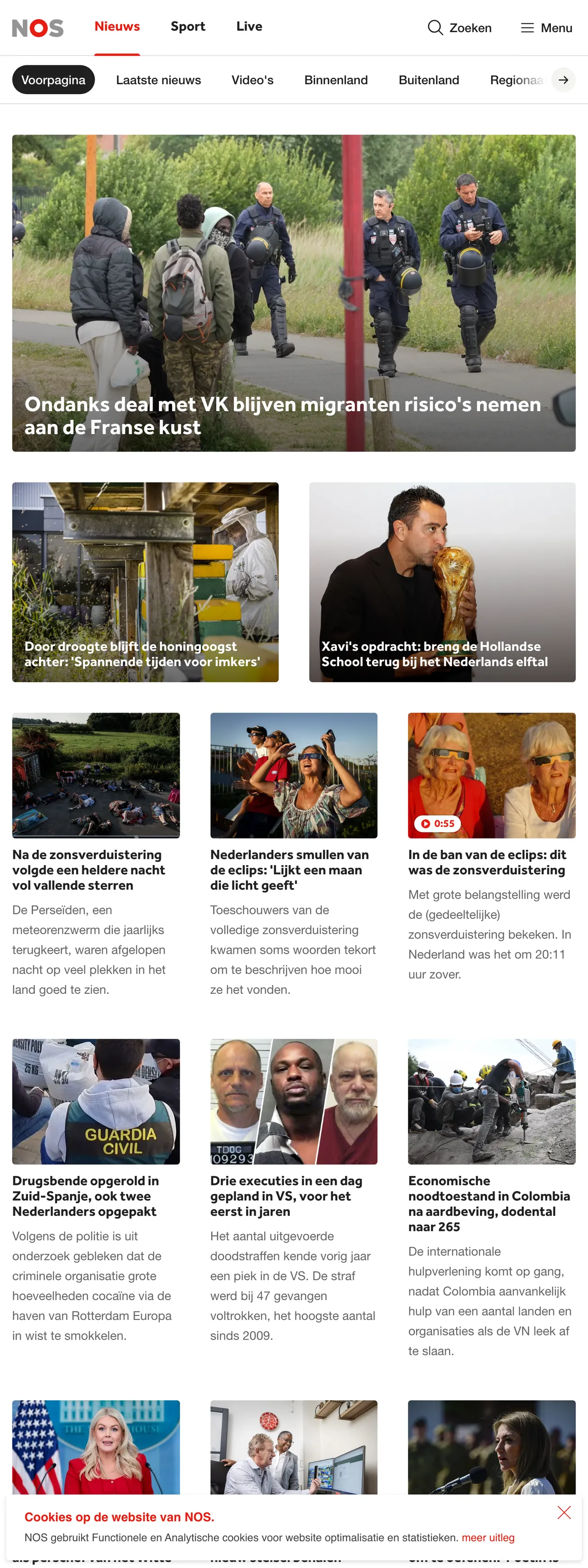 Screenshot of the NOS front page