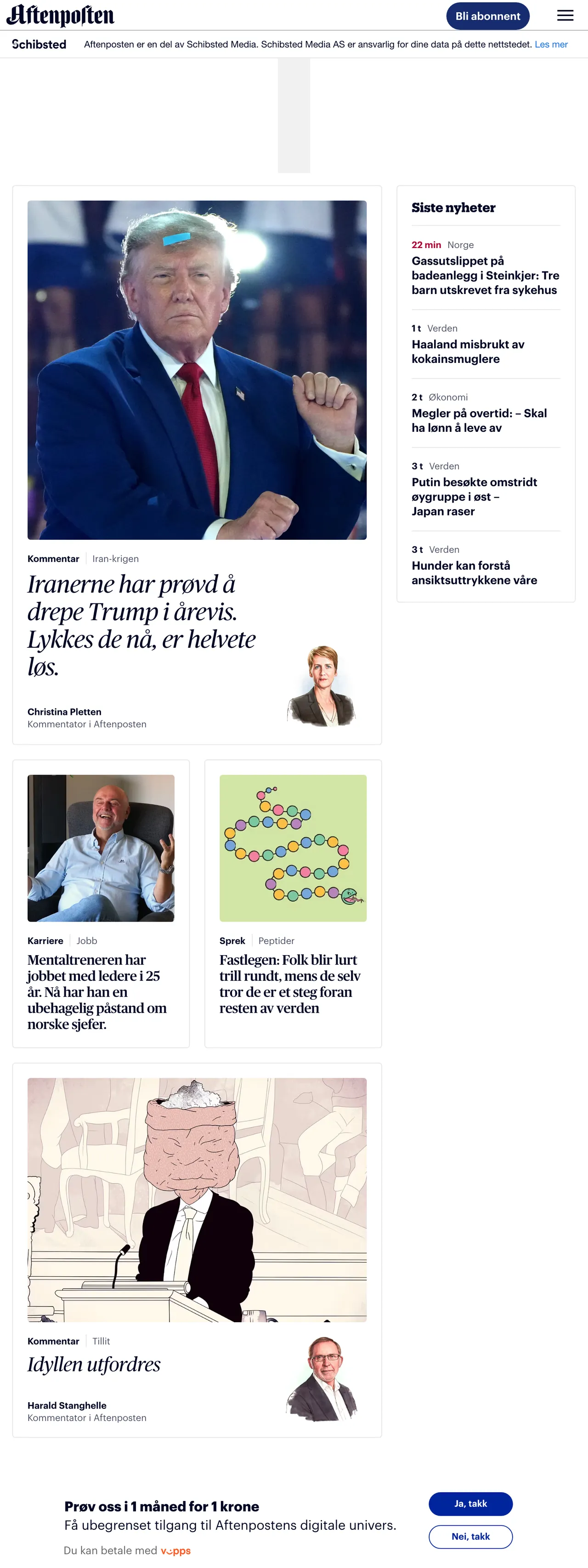Screenshot of the Aftenposten front page