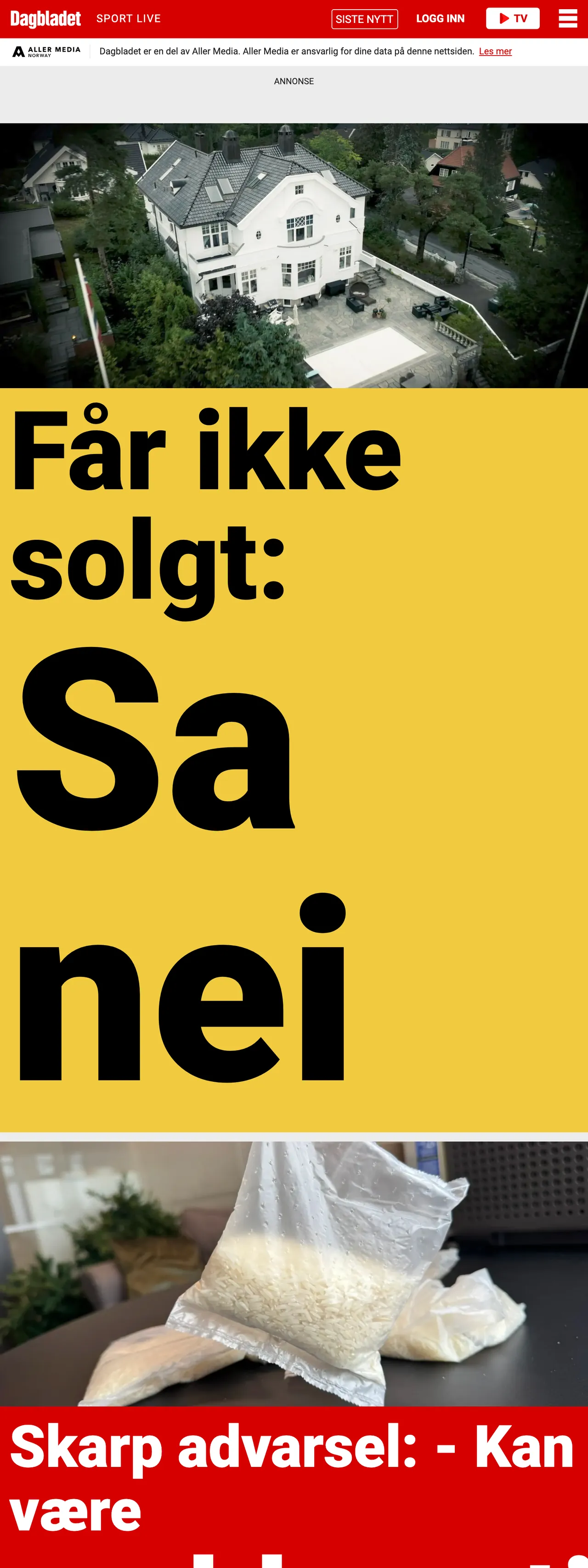 Screenshot of the Dagbladet front page