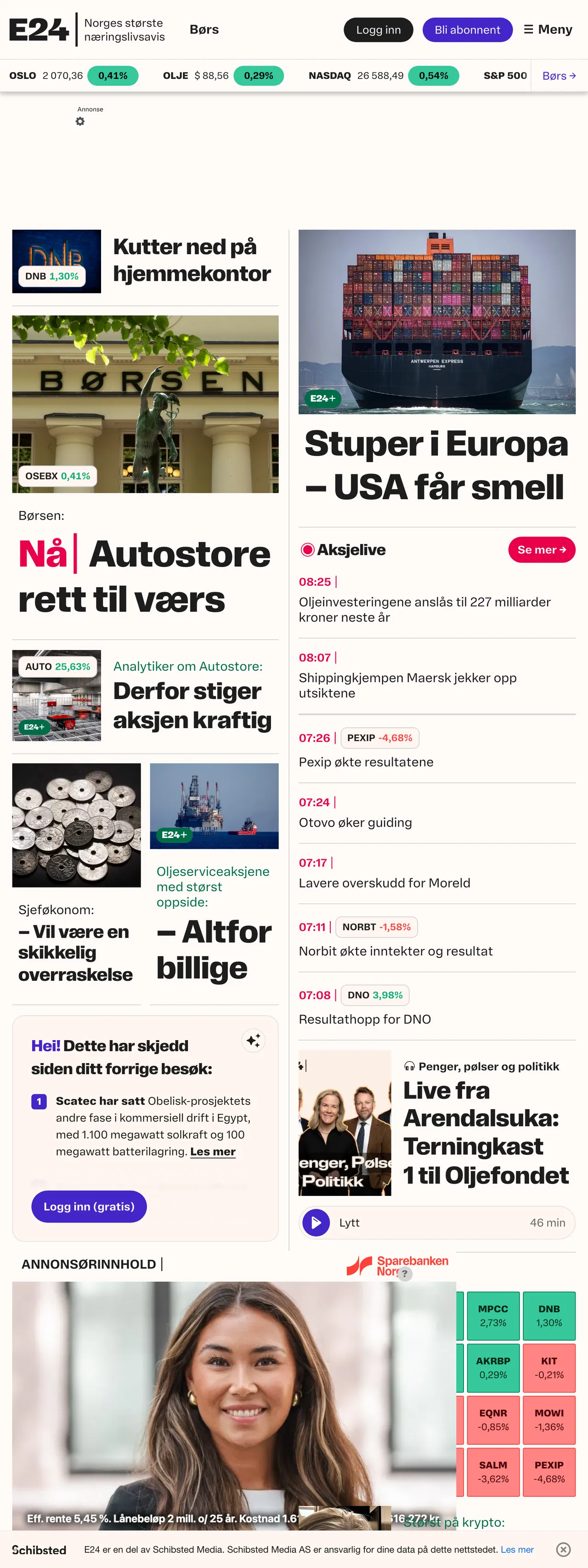 Screenshot of the E24 front page